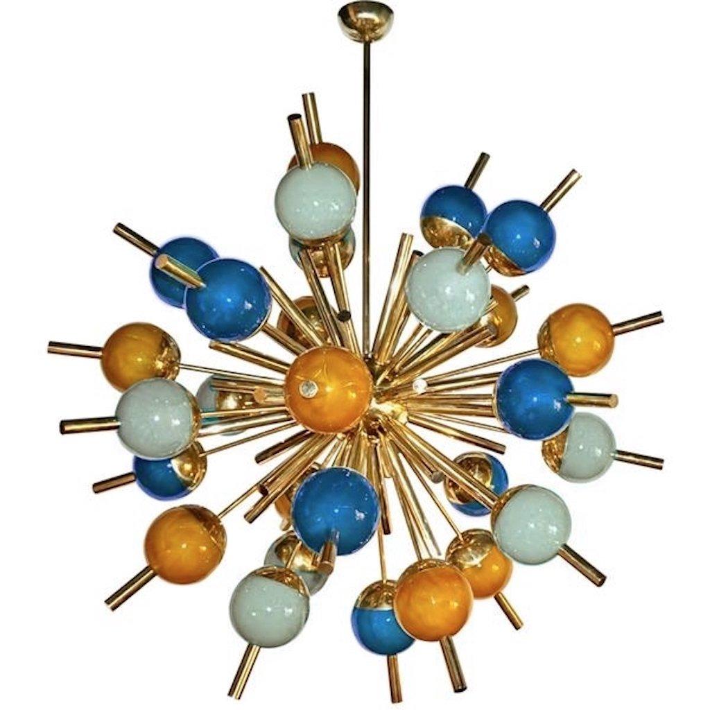 Custom Italian Green Turquoise Gold Murano Glass Brass Sputnik Globe Chandelier For Sale 2