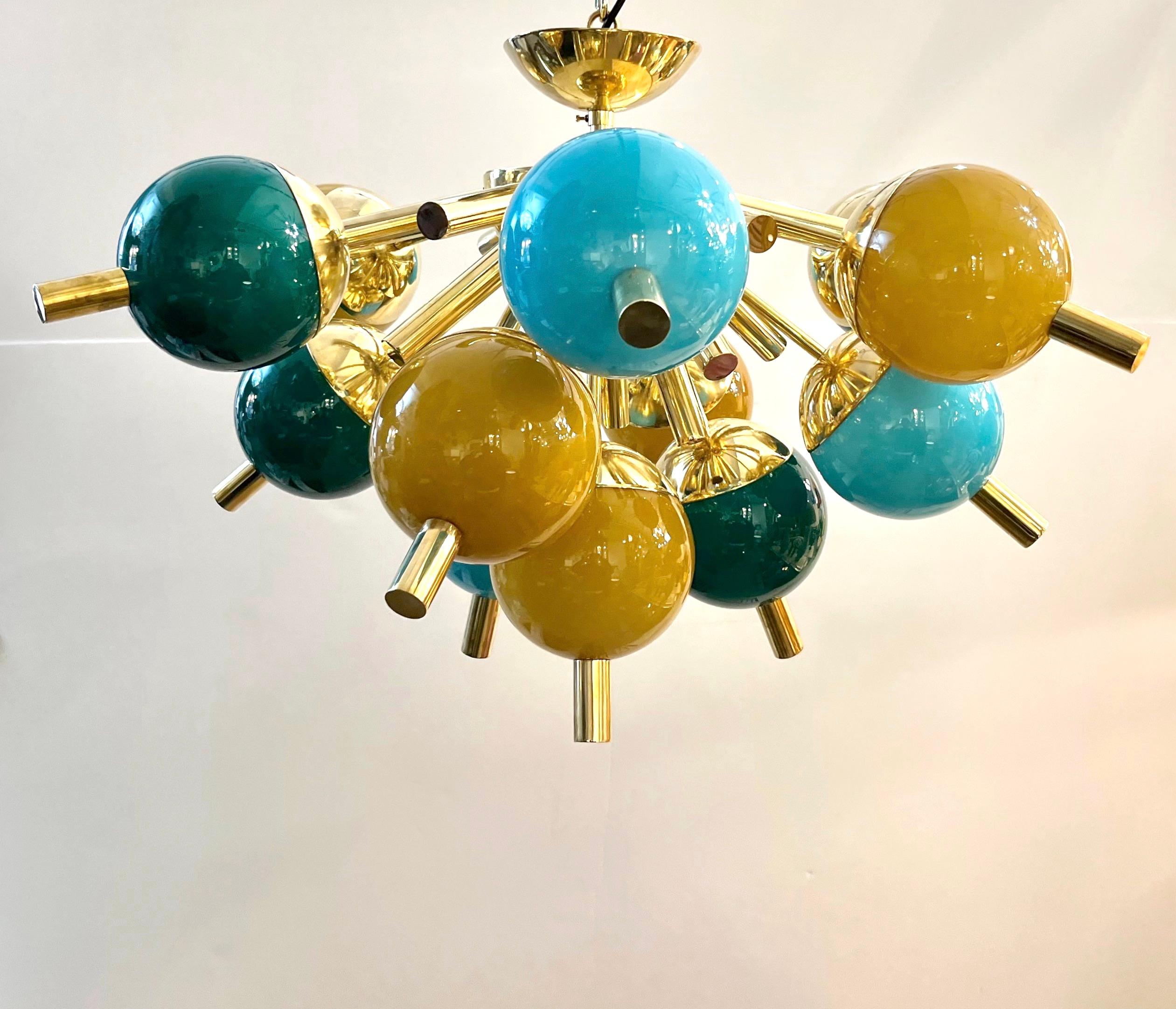 Custom Italian Green Turquoise Gold Murano Glass Brass Sputnik Globe Flushmount For Sale 4