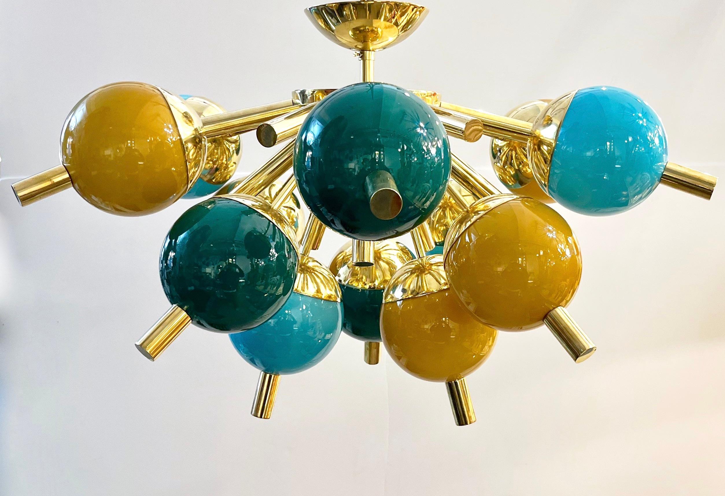 Custom Italian Green Turquoise Gold Murano Glass Brass Sputnik Globe Flushmount For Sale 5