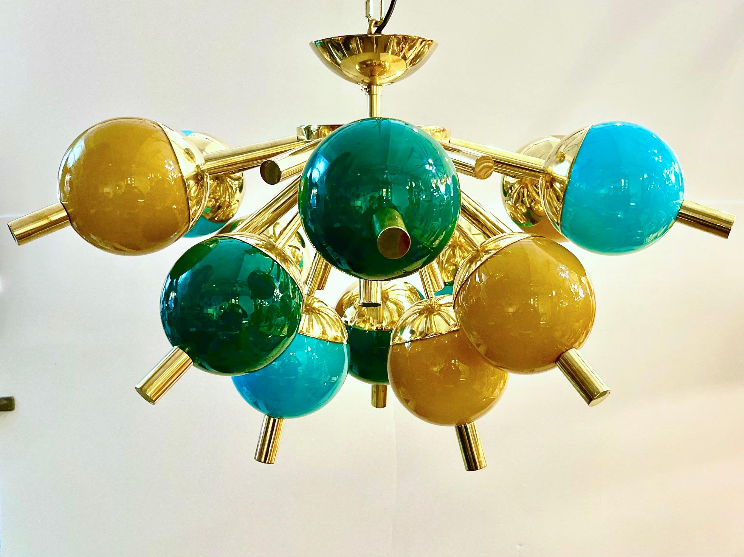 Custom Italian Green Turquoise Gold Murano Glass Brass Sputnik Globe Flushmount For Sale 4