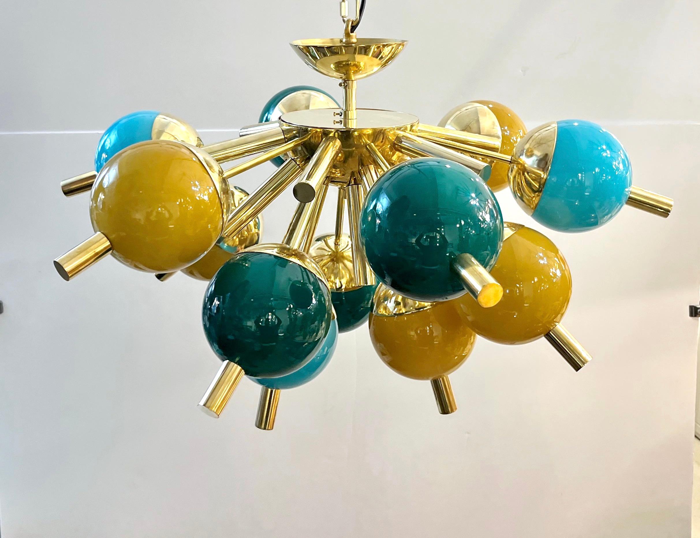 Custom Italian Green Turquoise Gold Murano Glass Brass Sputnik Globe Flushmount For Sale 6