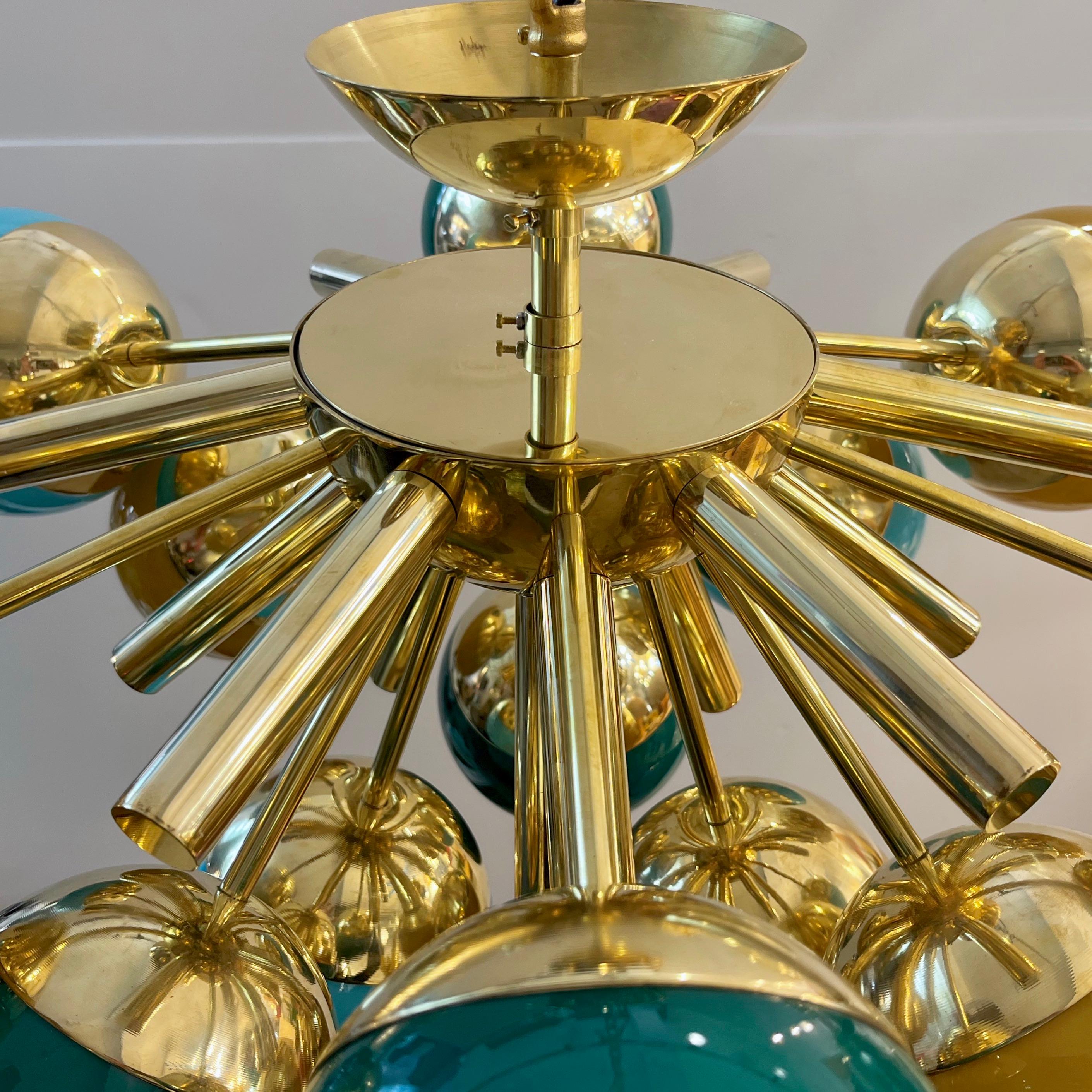 Custom Italian Green Turquoise Gold Murano Glass Brass Sputnik Globe Flushmount For Sale 7