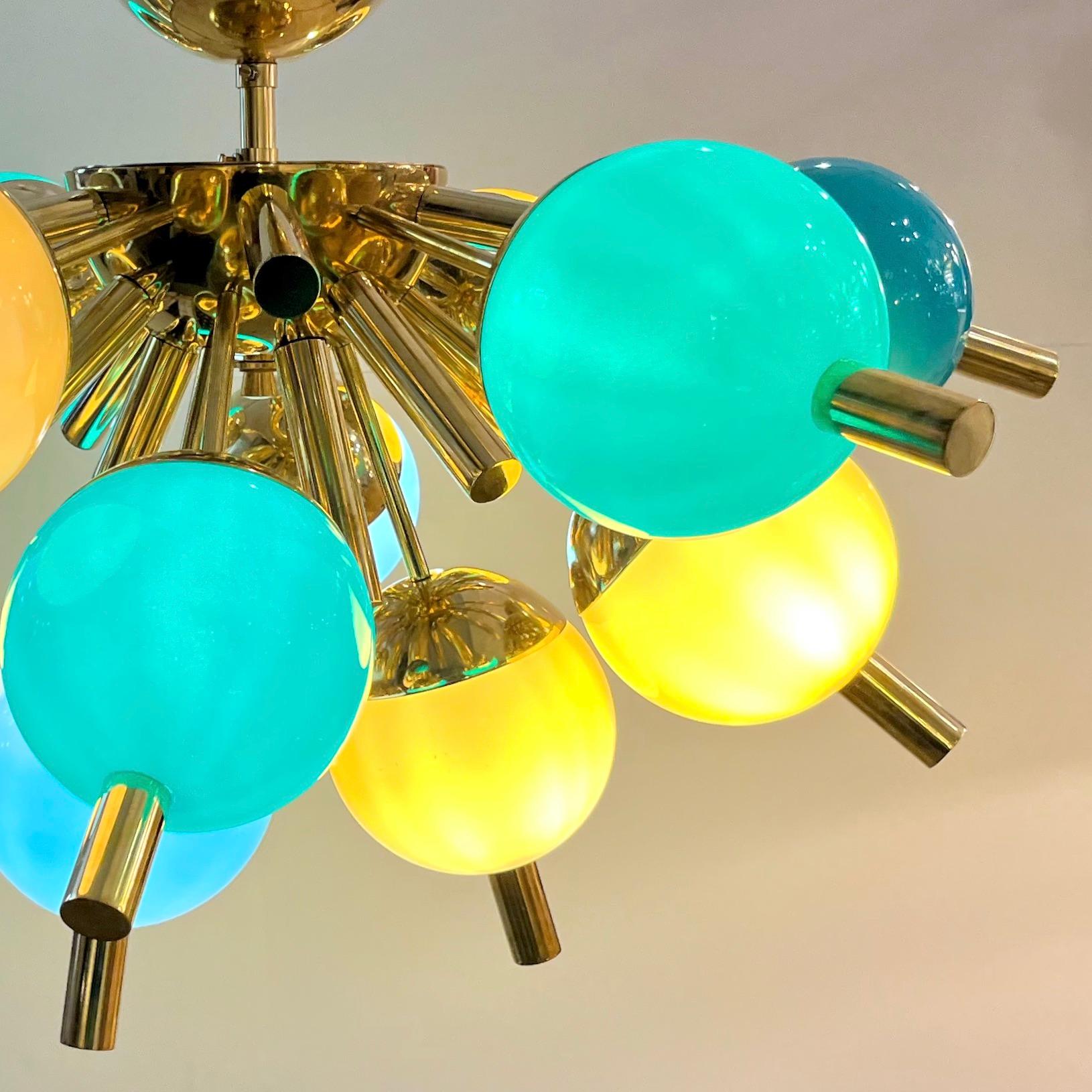 Plafonnier Sputnik en verre de Murano, laiton, vert, turquoise et or, fabriqué sur mesure en Italie en vente 6