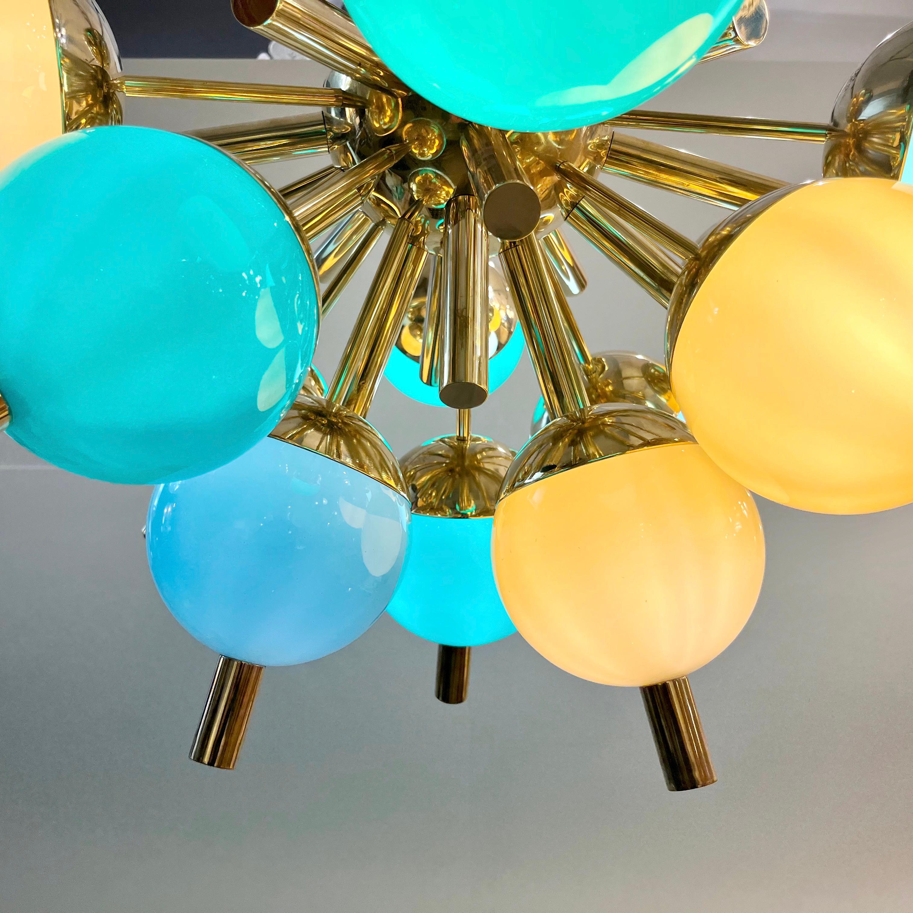 Custom Italian Green Turquoise Gold Murano Glass Brass Sputnik Globe Flushmount For Sale 11
