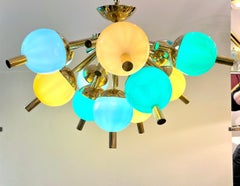 Custom Italian Green Turquoise Gold Murano Glass Brass Sputnik Globe Flushmount