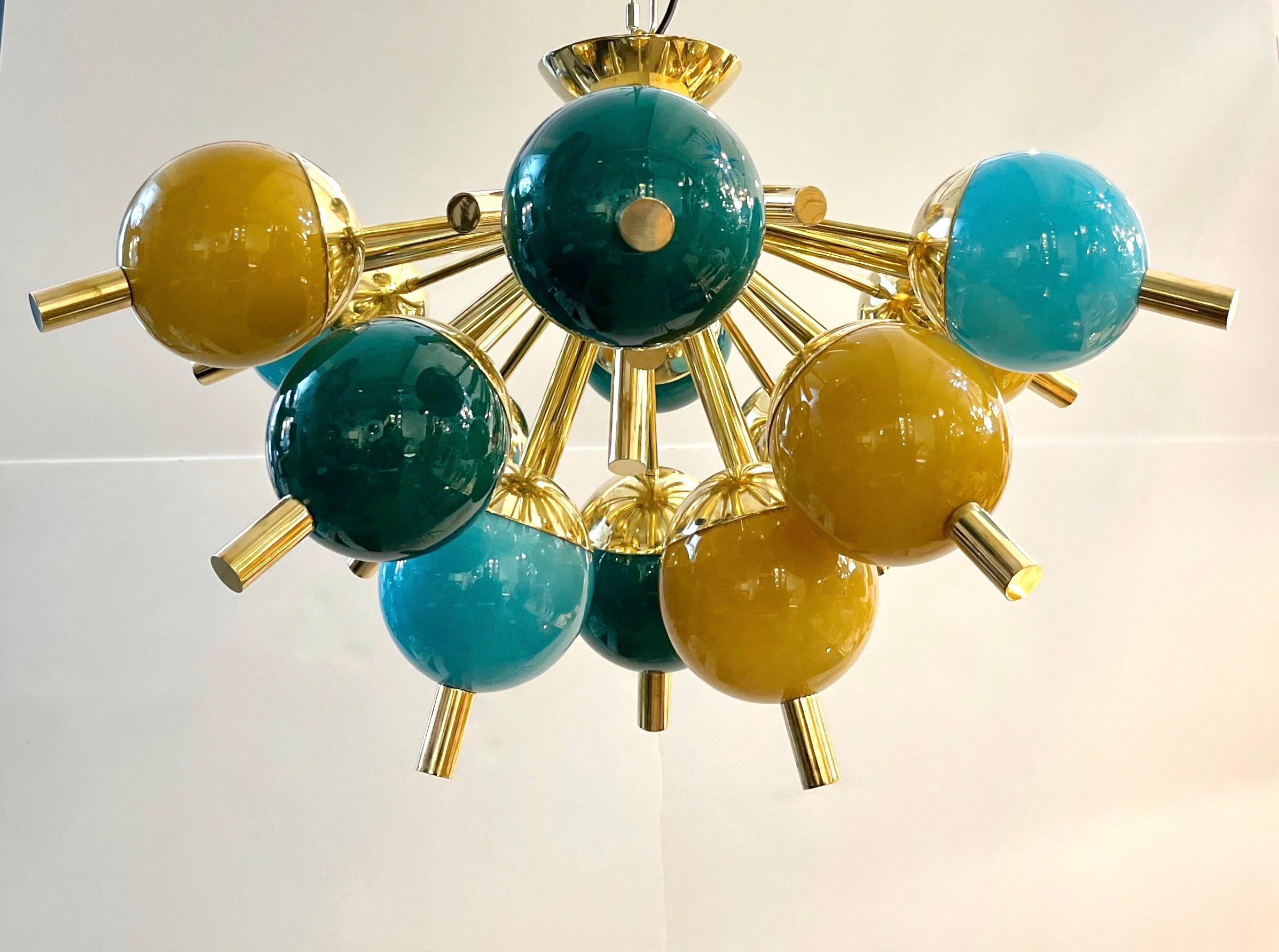 Hand-Crafted Custom Italian Green Turquoise Gold Murano Glass Brass Sputnik Globe Flushmount For Sale