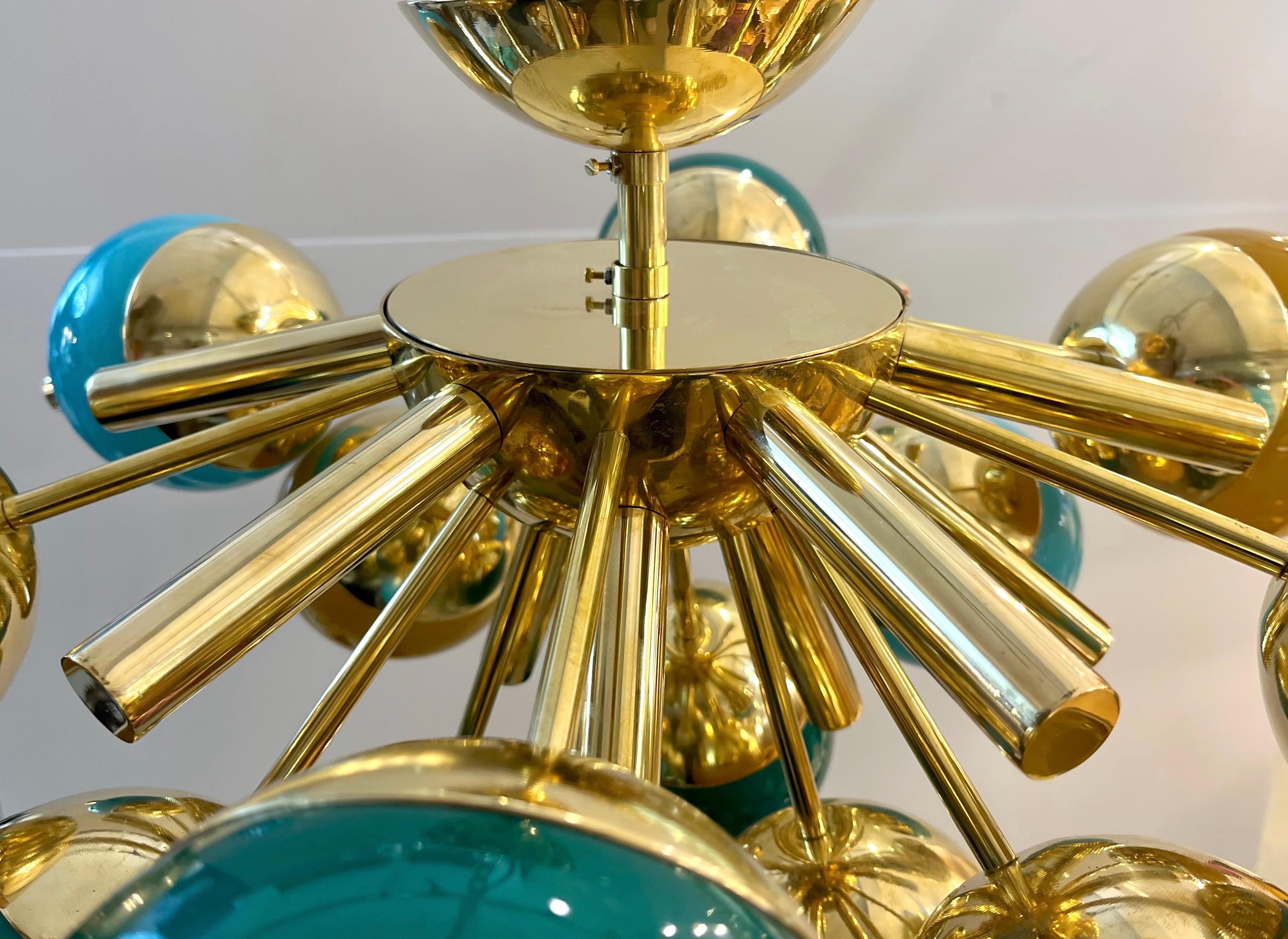 Custom Italian Green Turquoise Gold Murano Glass Brass Sputnik Globe Flushmount In New Condition For Sale In New York, NY