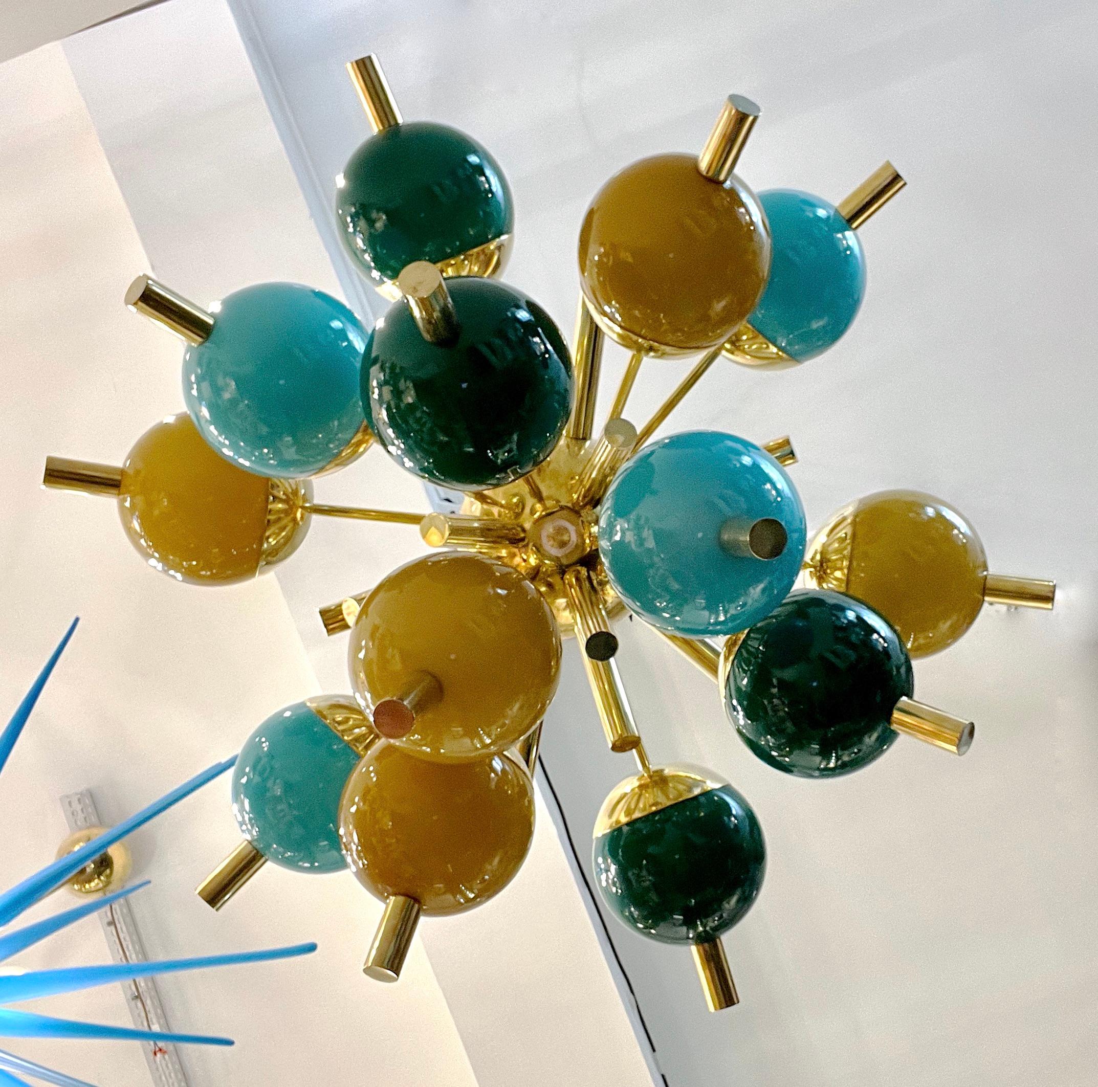 Contemporary Custom Italian Green Turquoise Gold Murano Glass Brass Sputnik Globe Flushmount For Sale