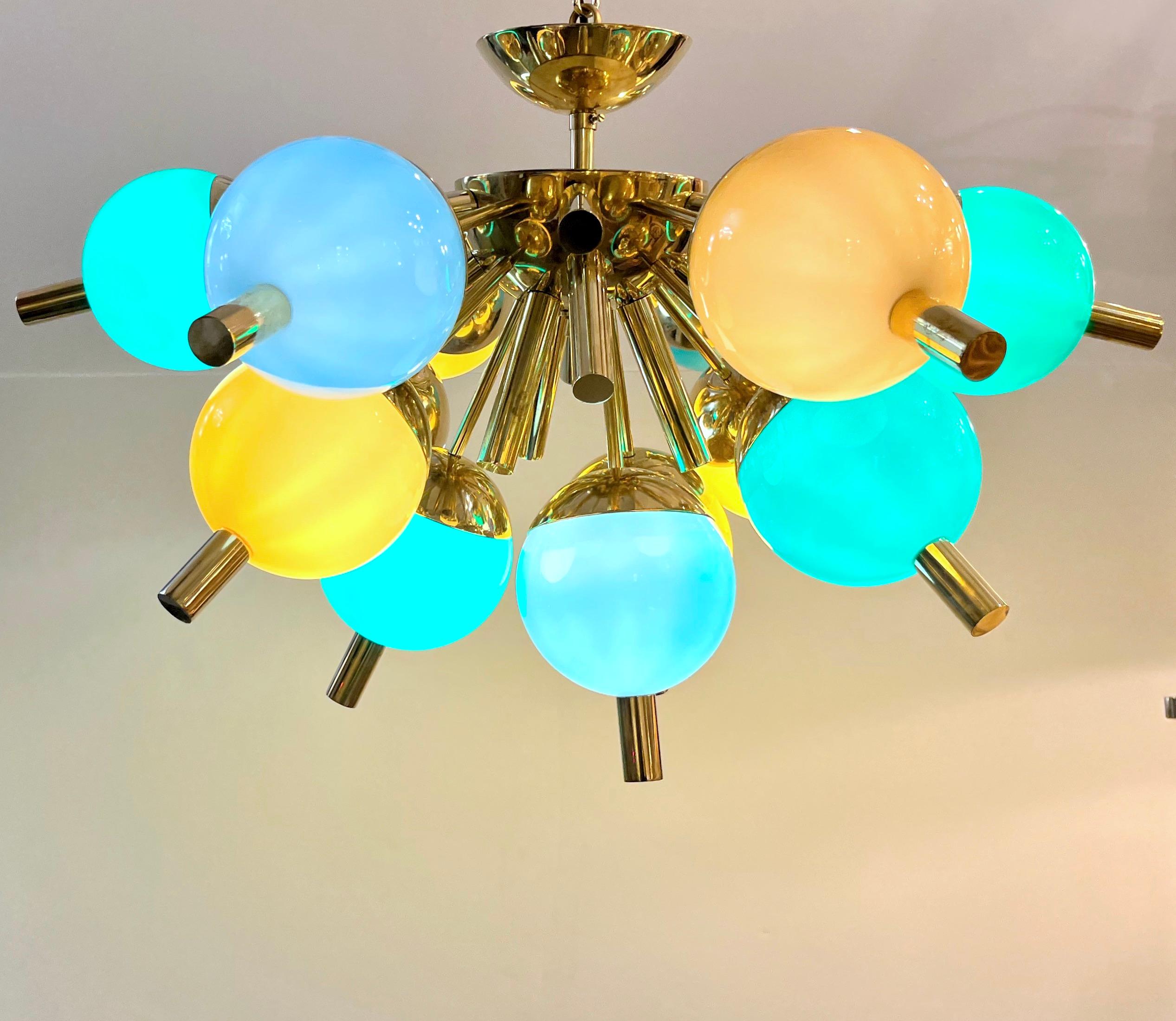 Custom Italian Green Turquoise Gold Murano Glass Brass Sputnik Globe Flushmount For Sale 1