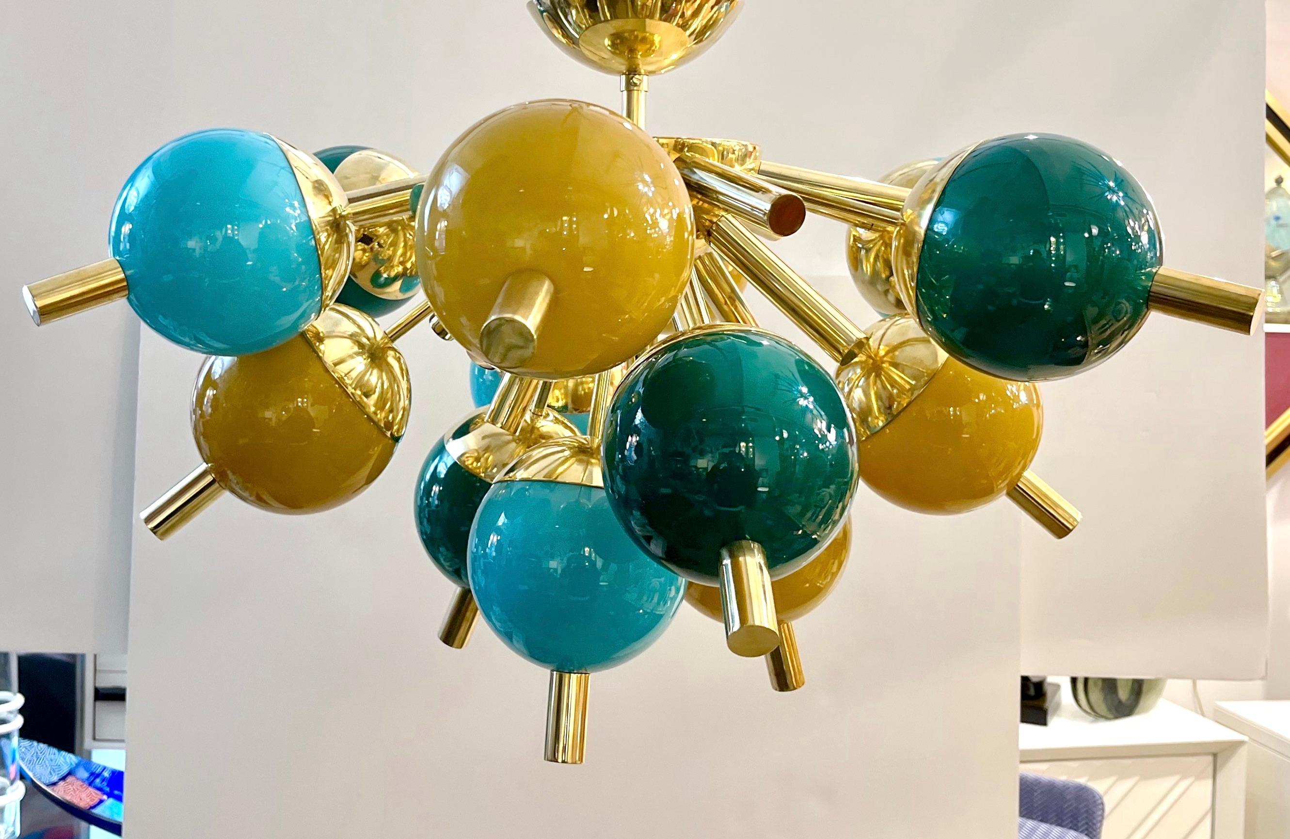 Custom Italian Green Turquoise Gold Murano Glass Brass Sputnik Globe Flushmount For Sale 3
