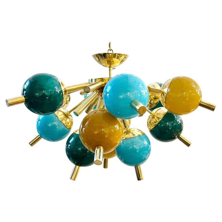 Custom Italian Green Turquoise Gold Murano Glass Brass Sputnik Globe Flushmount For Sale