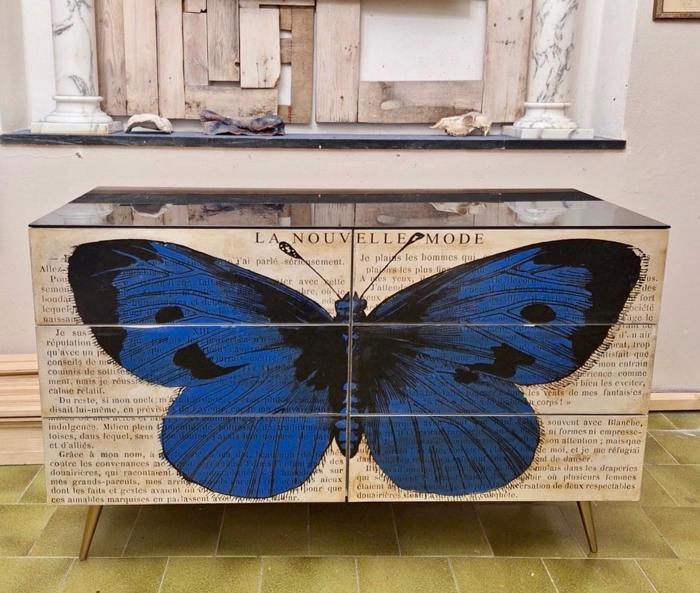 Personalizado Italiano Impreso Pop Art Negro Azul Mariposa Madera Lacada Arcón/Escritorio en venta 4
