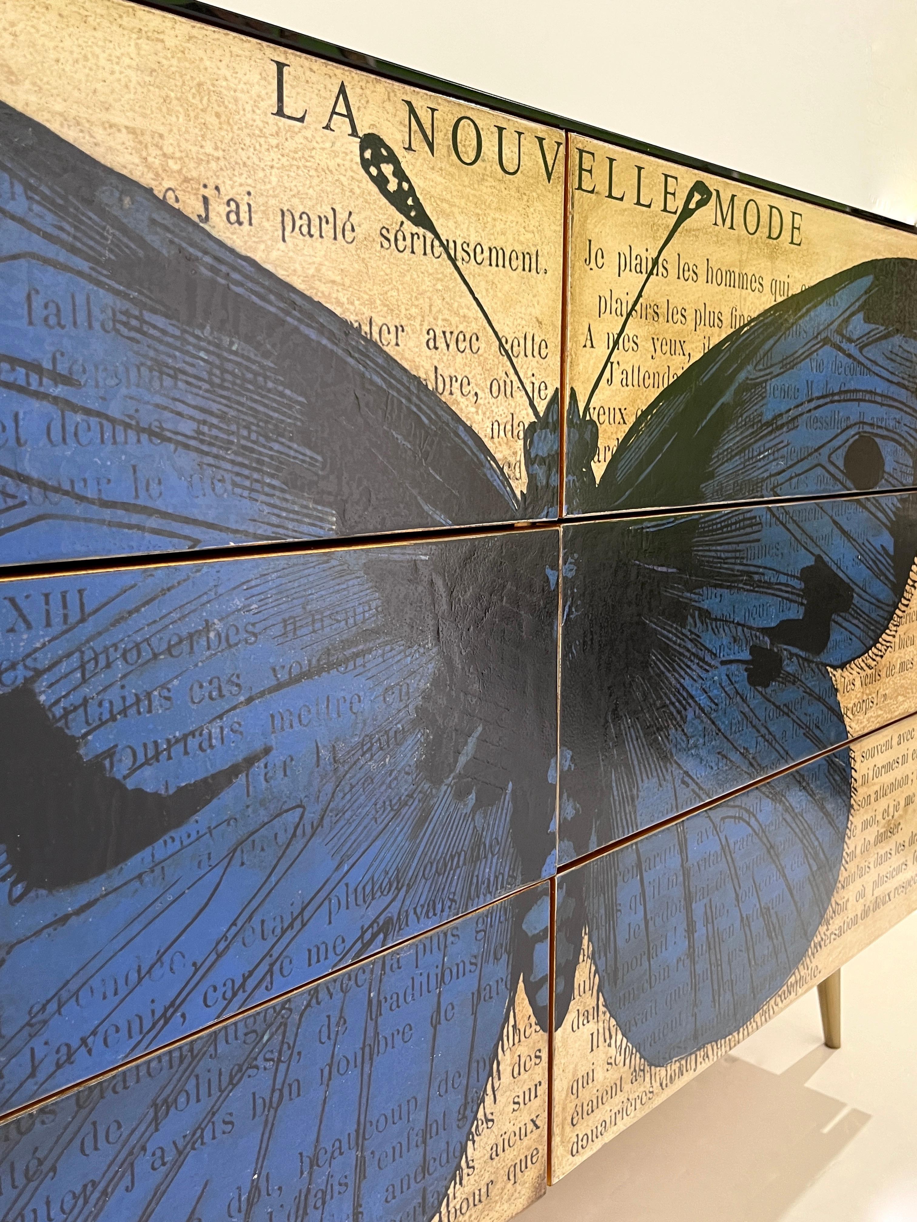 Personalizado Italiano Impreso Pop Art Negro Azul Mariposa Madera Lacada Arcón/Escritorio en venta 6
