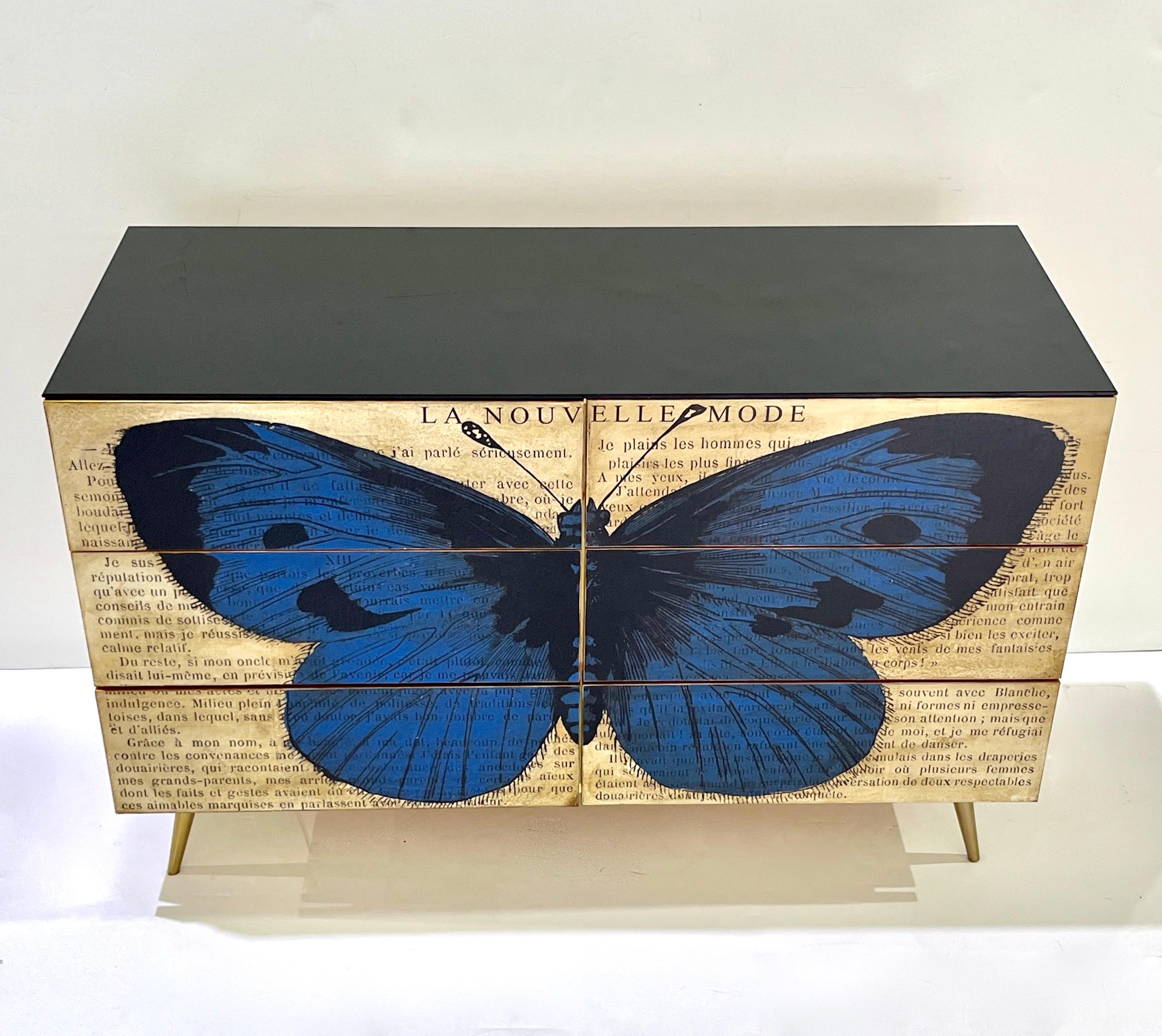 Personalizado Italiano Impreso Pop Art Negro Azul Mariposa Madera Lacada Arcón/Escritorio en venta 10