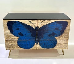 Custom Italian Printed Pop Art Black Blue Butterfly Lacquer Wood Chest/Sideboard