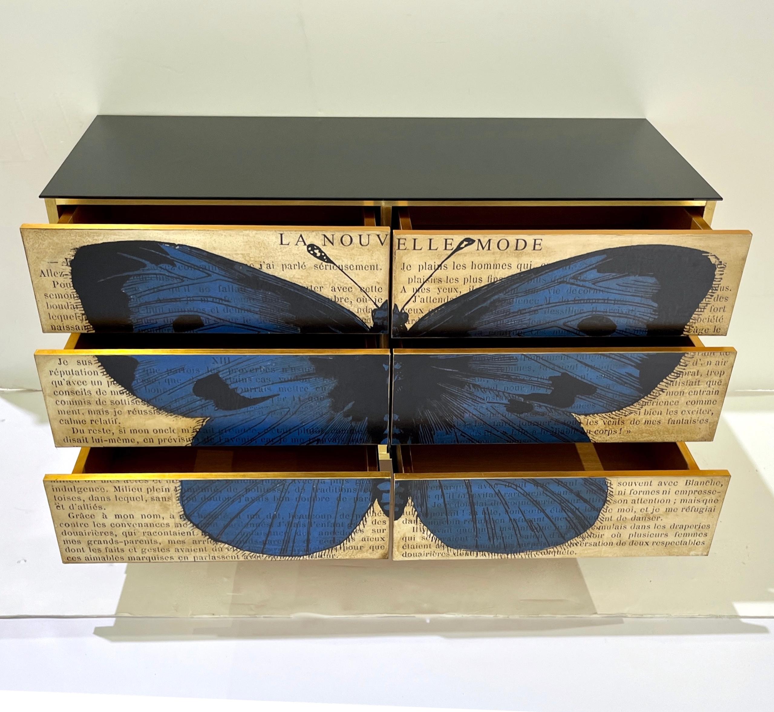 Personalizado Italiano Impreso Pop Art Negro Azul Mariposa Madera Lacada Arcón/Escritorio Moderno en venta