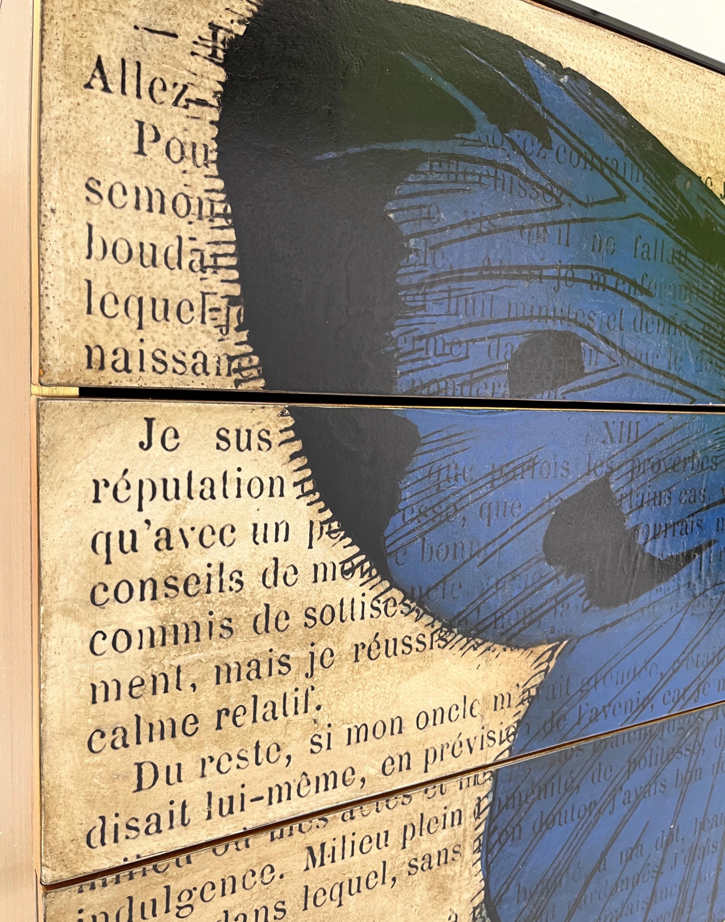Personalizado Italiano Impreso Pop Art Negro Azul Mariposa Madera Lacada Arcón/Escritorio en Nuevo estado para la venta en New York, NY