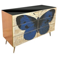 Maßgefertigte italienische bedruckte Pop-Art-Kommode/Sideboard aus Holz mit schwarzem und blauem Schmetterlingslack