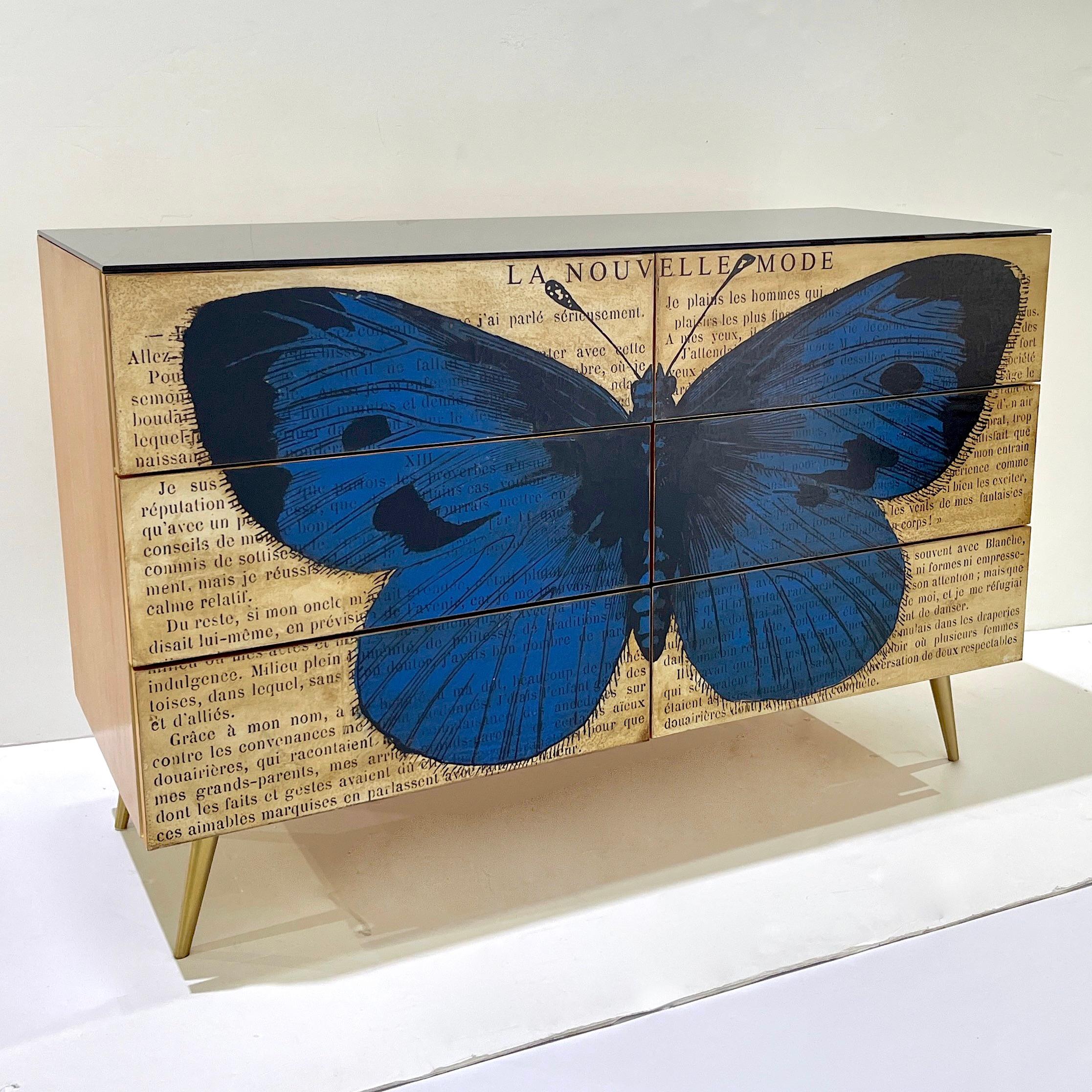 Maßgefertigte italienische bedruckte Pop-Art-Kommode/Sideboard aus Holz mit schwarzem und blauem Schmetterlingslack im Angebot 4