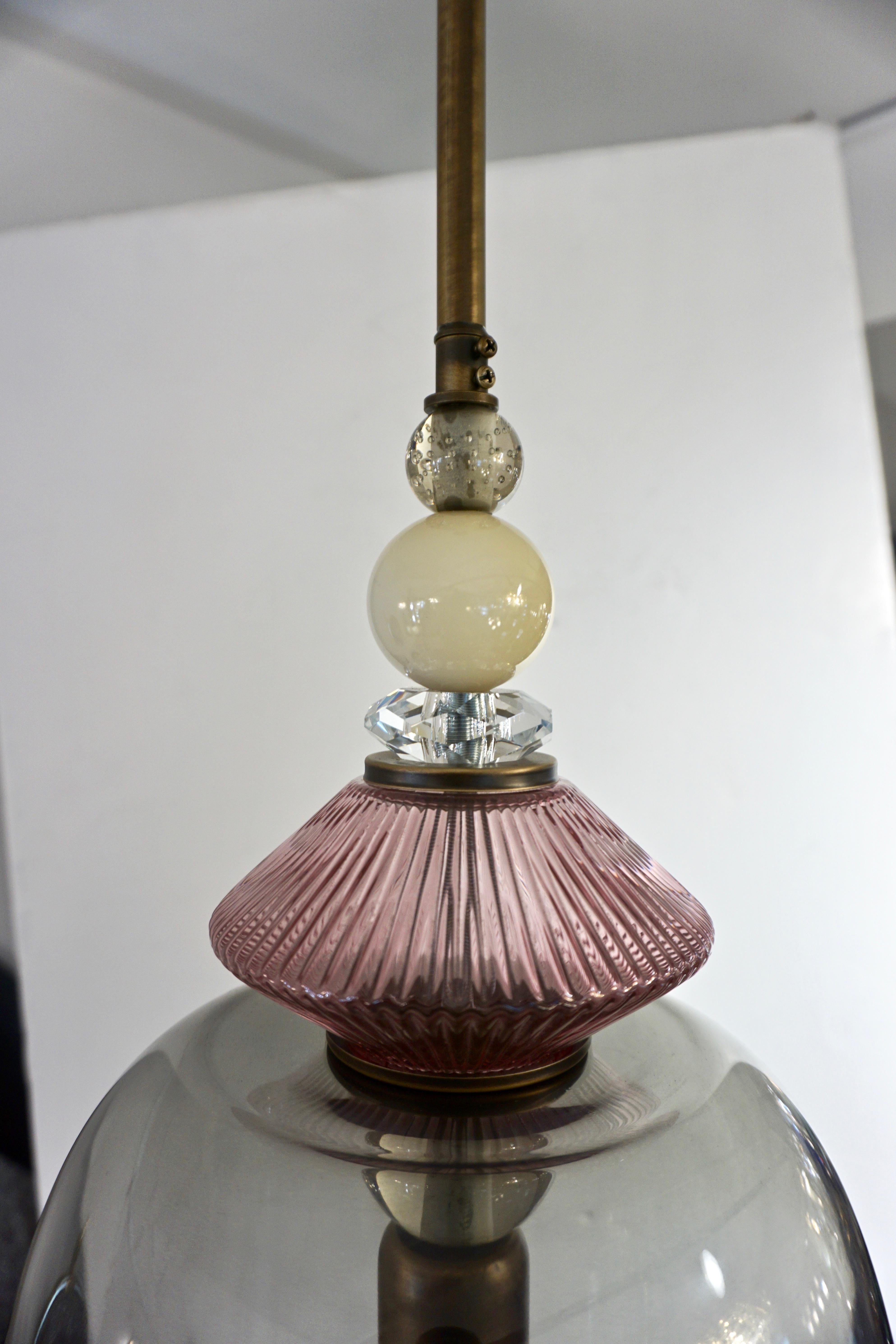 Custom Italian Purple Crystal Gold and Gray Smoked Murano Glass Pendant Light For Sale 4