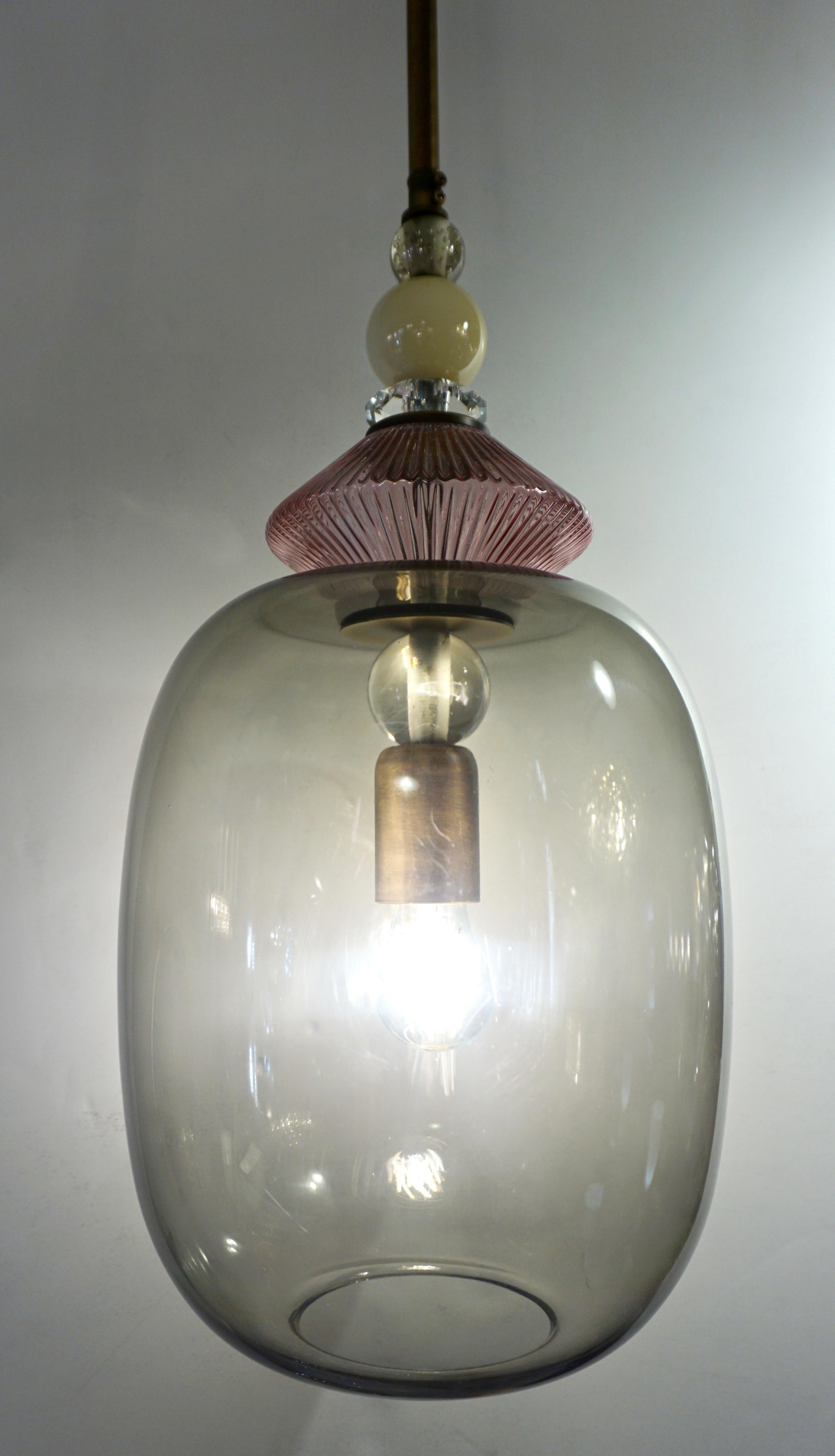 Mid-Century Modern Custom Italian Purple Crystal Gold and Gray Smoked Murano Glass Pendant Light For Sale