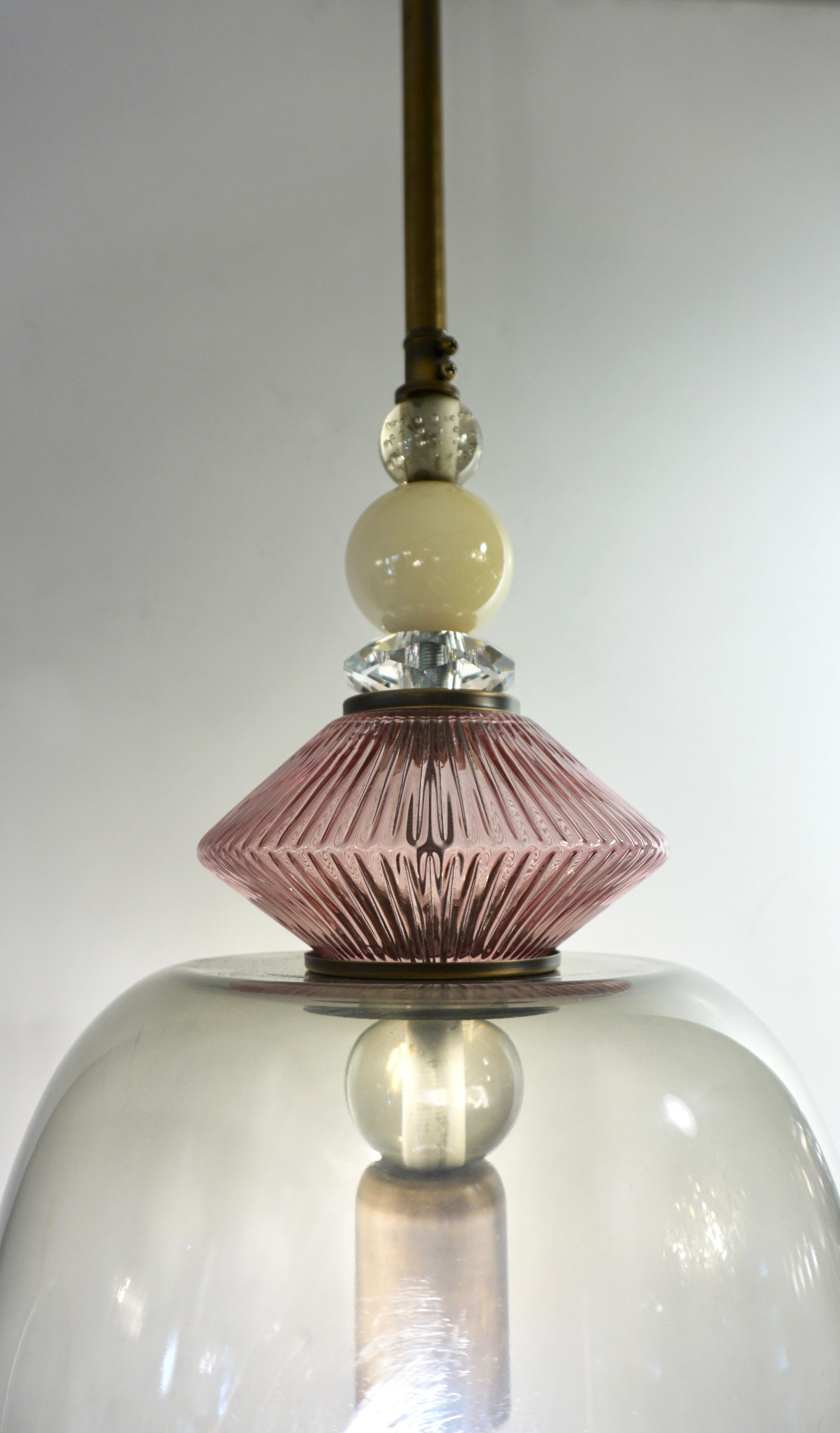 Contemporary Custom Italian Purple Crystal Gold and Gray Smoked Murano Glass Pendant Light For Sale