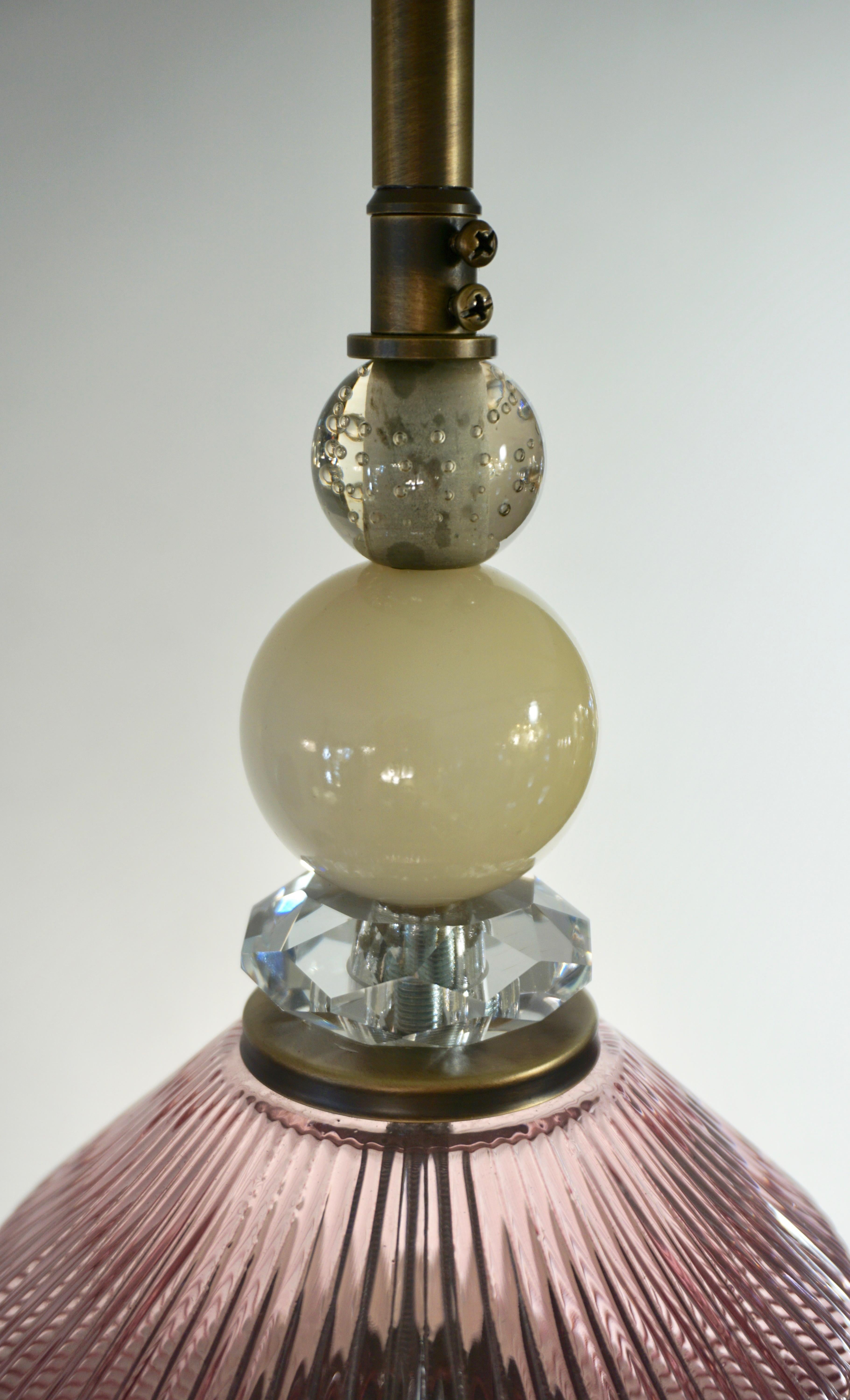Brass Custom Italian Purple Crystal Gold and Gray Smoked Murano Glass Pendant Light For Sale