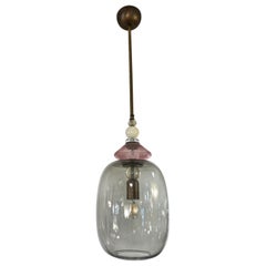 Lampe à suspension italienne personnalisée en cristal violet, or et verre de Murano fumé gris