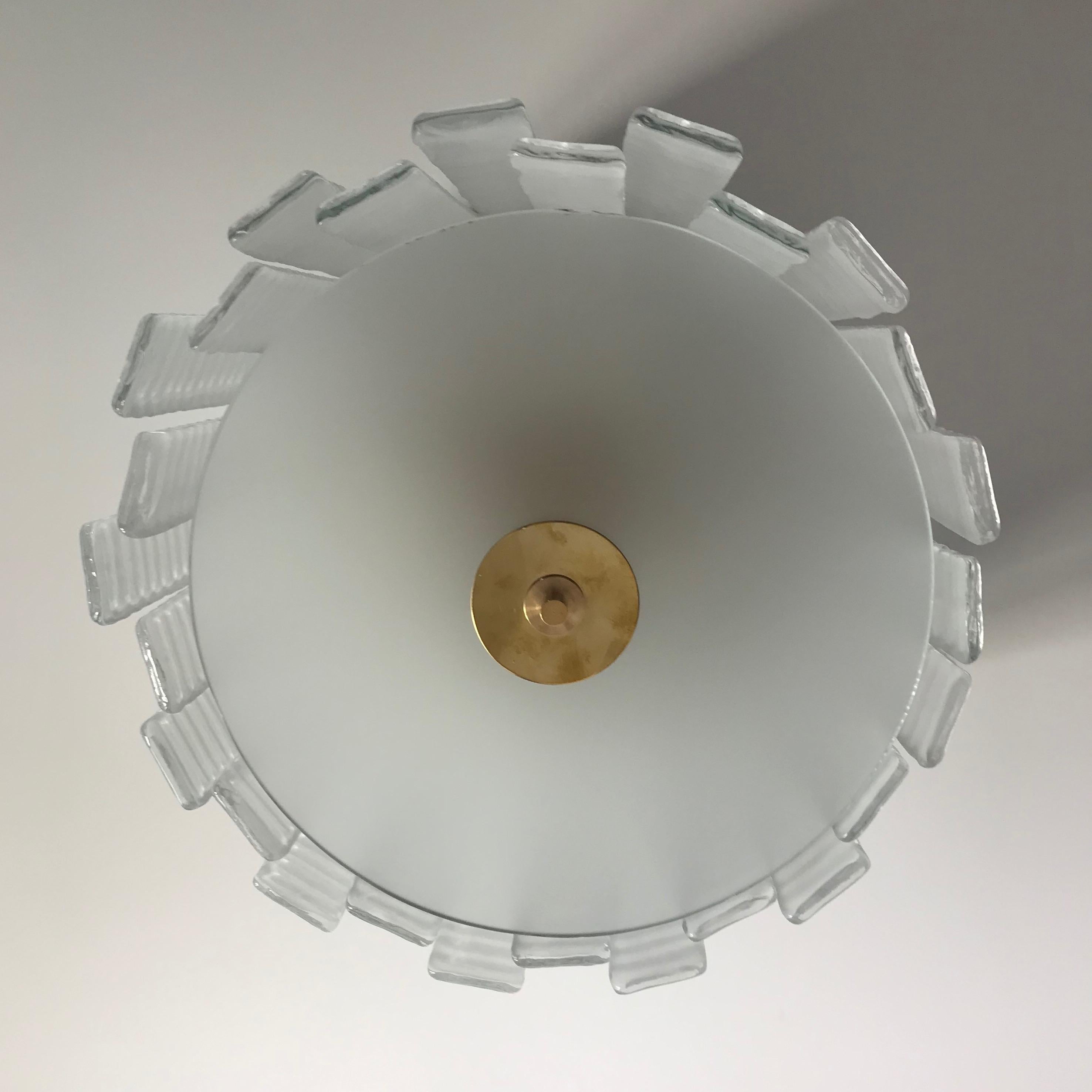 Custom Italian Textured Crystal Frosted Murano Glass Brass Round Flush Mount In New Condition For Sale In New York, NY