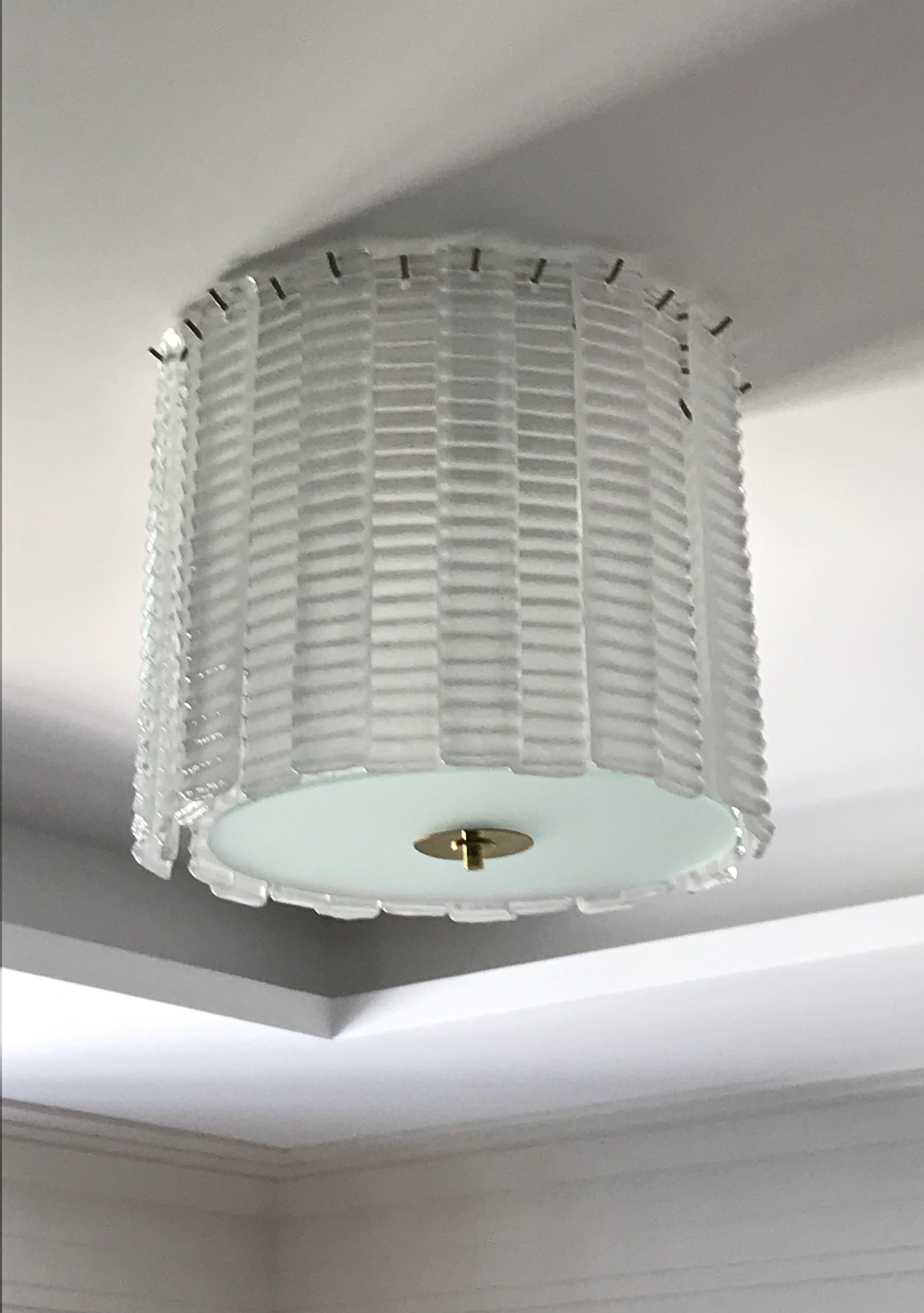 Custom Italian Textured Crystal Frosted Murano Glass Brass Round Flush Mount For Sale 2