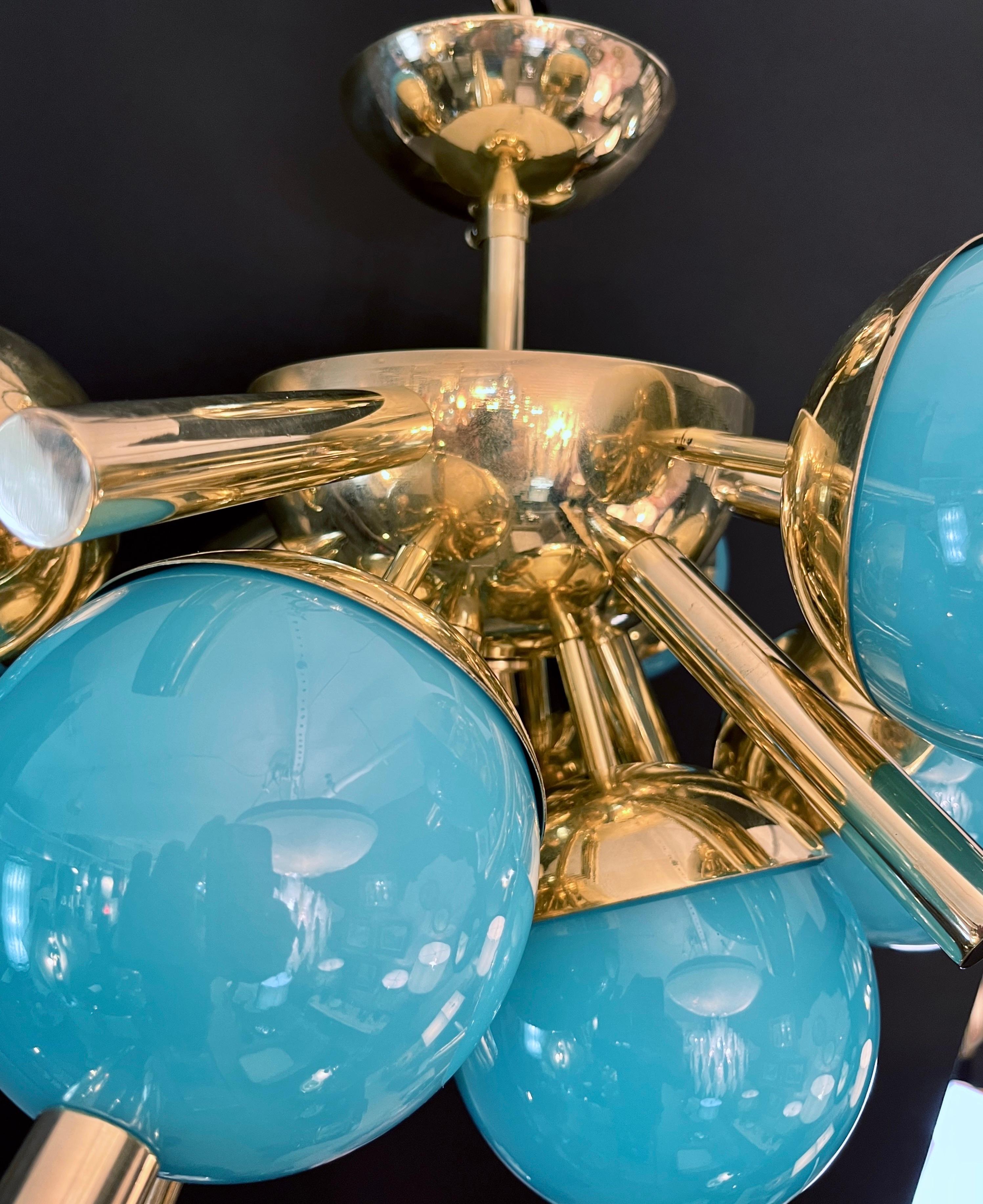Custom Italian Turquoise Gold Murano Glass Brass Sputnik Globe Flushmount For Sale 1