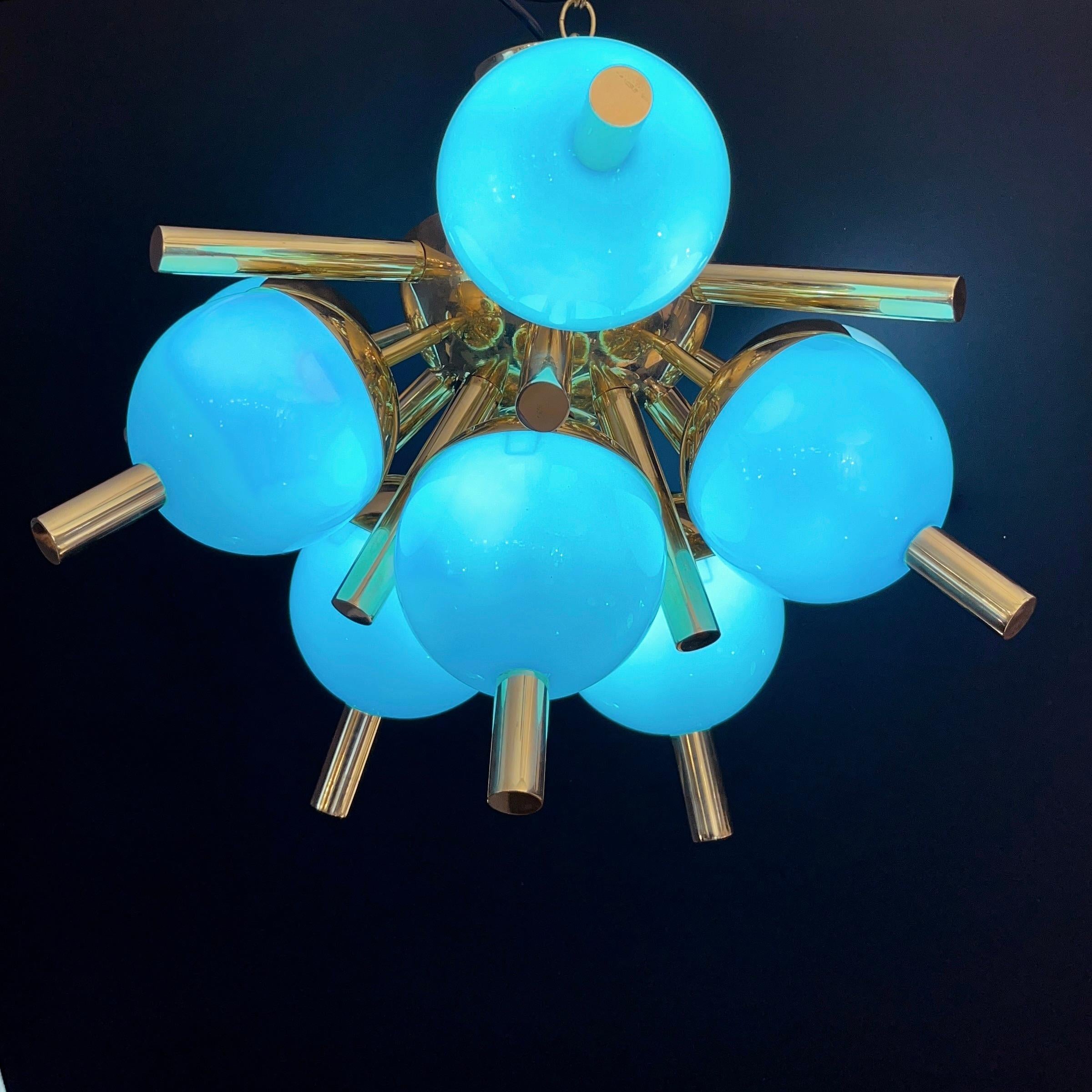 Custom Italian Turquoise Gold Murano Glass Brass Sputnik Globe Flushmount For Sale 6