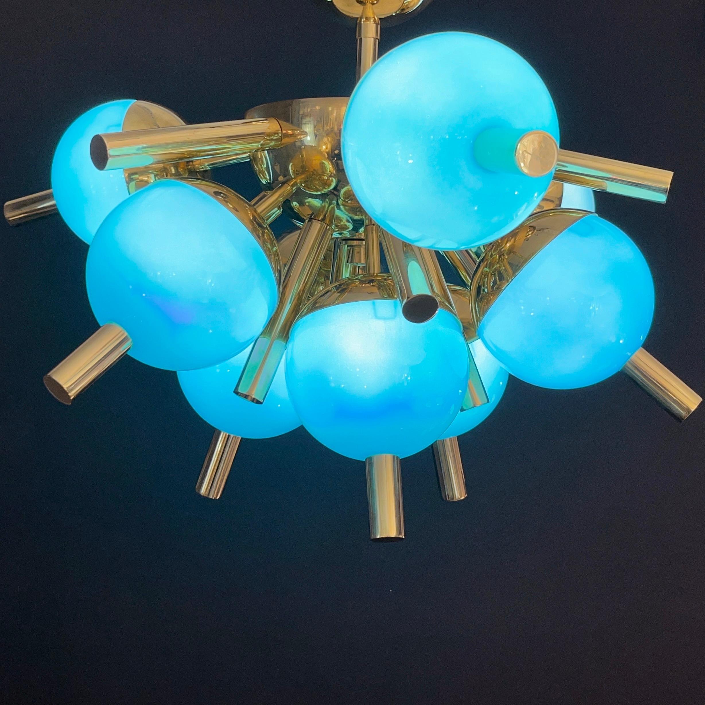 Custom Italian Turquoise Gold Murano Glass Brass Sputnik Globe Flushmount For Sale 7