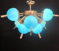 Custom Italian Turquoise Gold Murano Glass Brass Sputnik Globe Flushmount