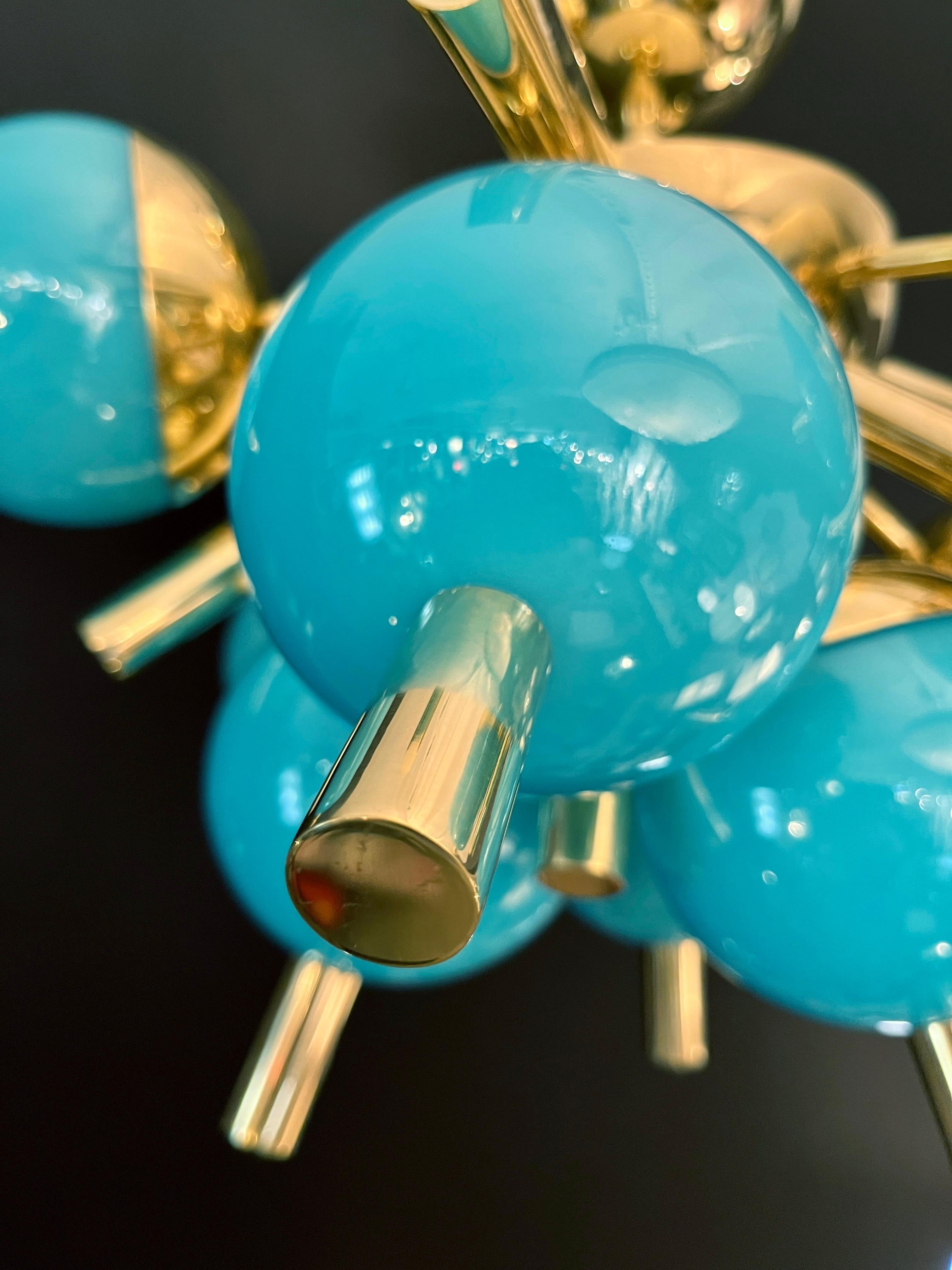 Organic Modern Custom Italian Turquoise Gold Murano Glass Brass Sputnik Globe Flushmount For Sale