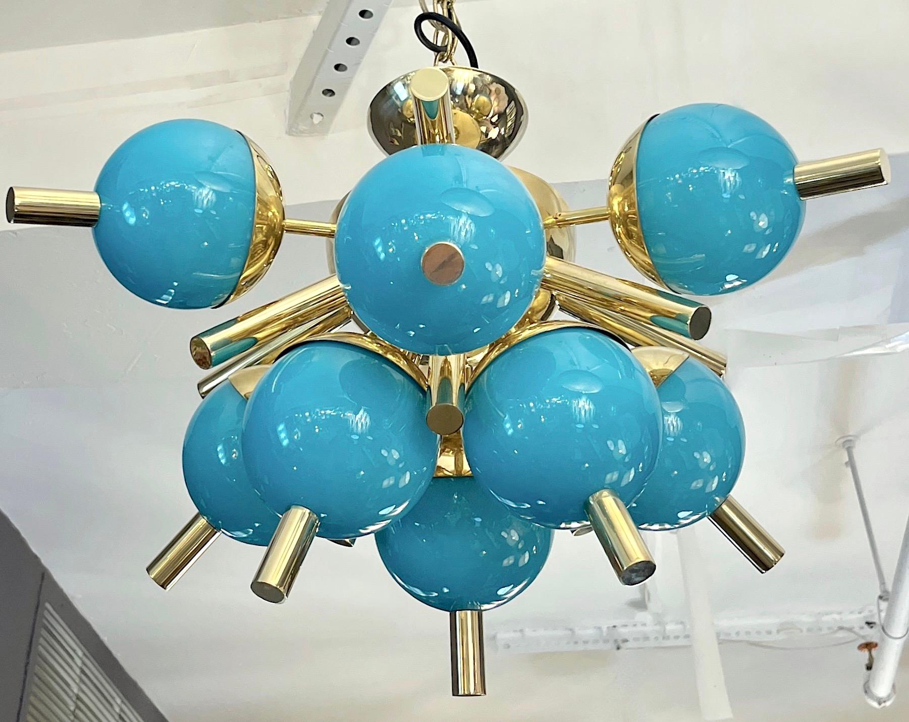 Hand-Crafted Custom Italian Turquoise Gold Murano Glass Brass Sputnik Globe Flushmount For Sale