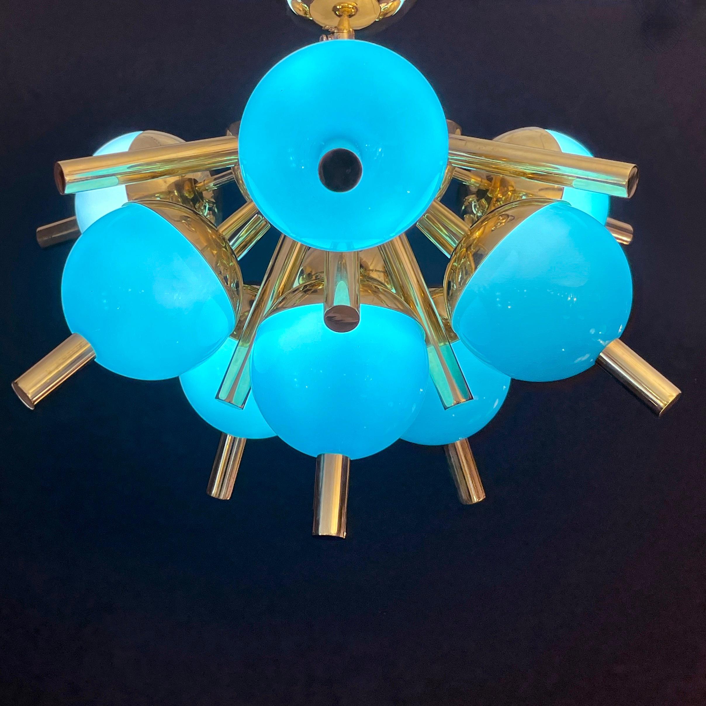 Custom Italian Turquoise Gold Murano Glass Brass Sputnik Globe Flushmount In New Condition For Sale In New York, NY