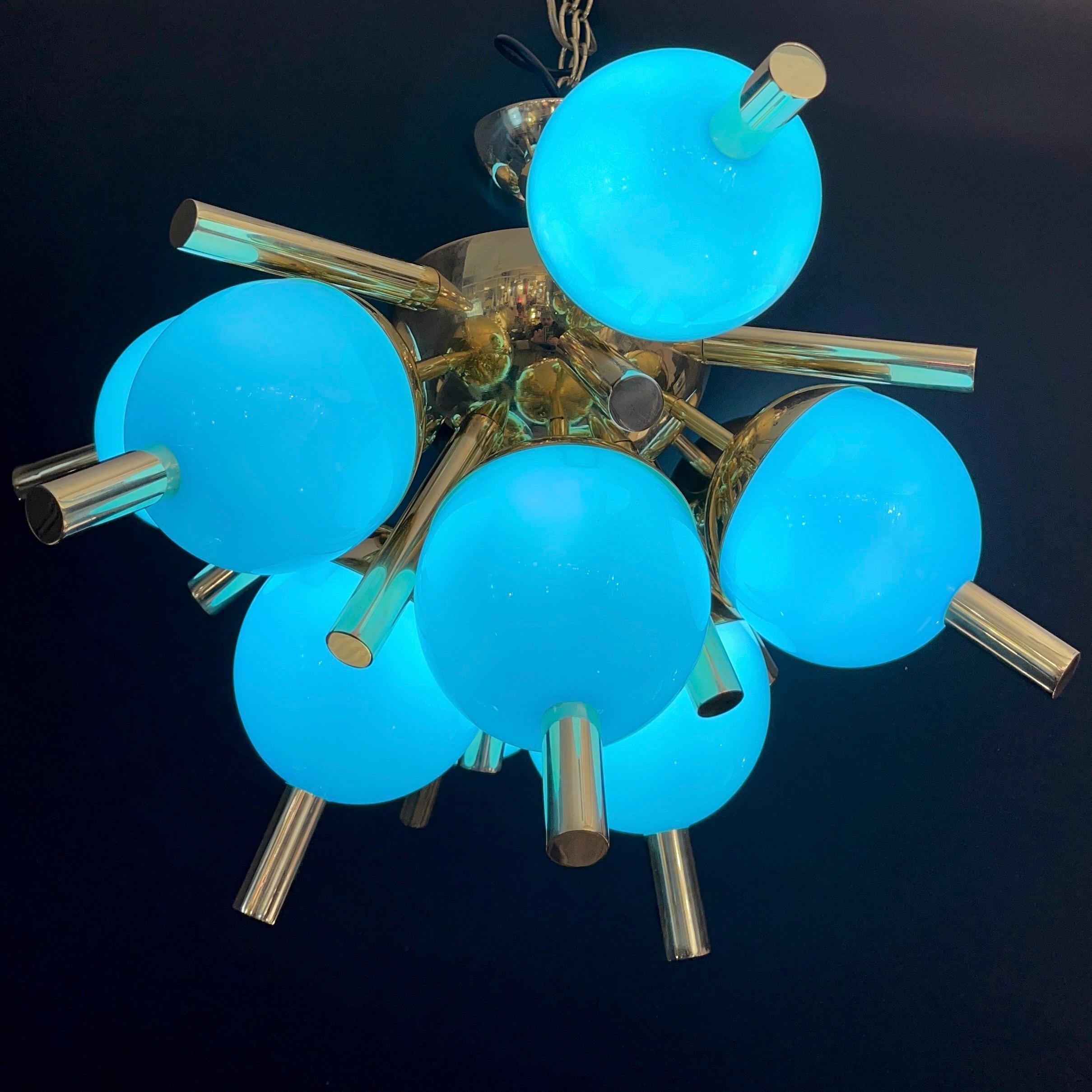 Contemporary Custom Italian Turquoise Gold Murano Glass Brass Sputnik Globe Flushmount For Sale