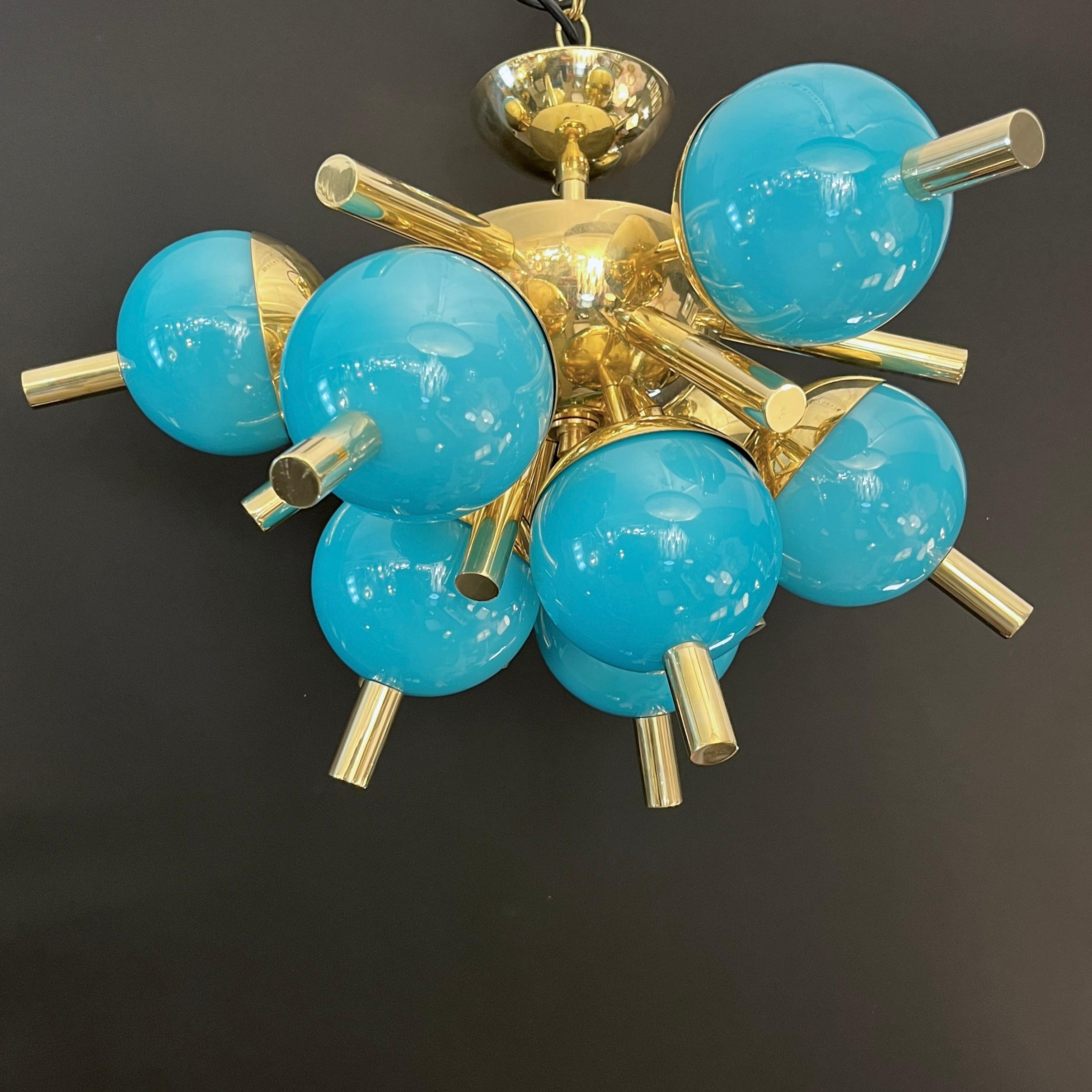 Custom Italian Turquoise Gold Murano Glass Brass Sputnik Globe Flushmount For Sale 1