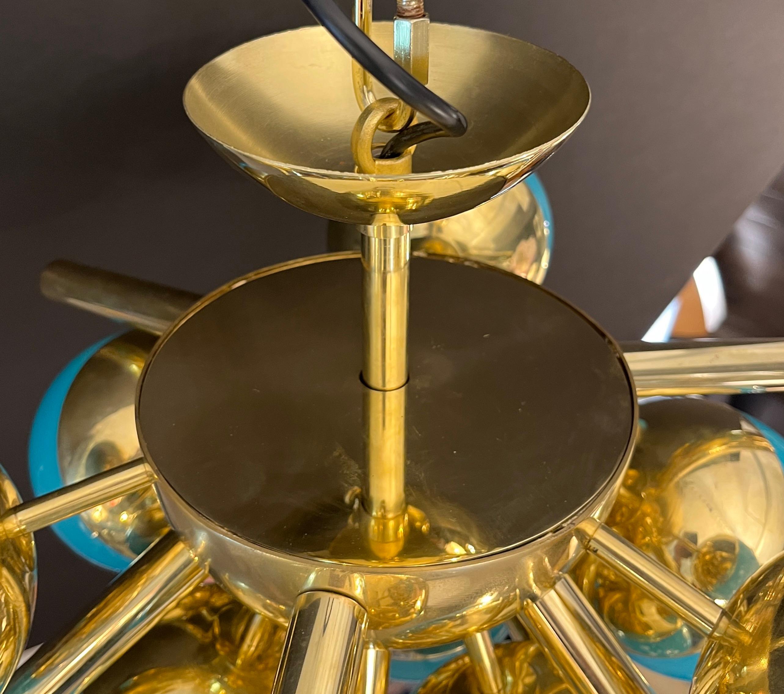 Custom Italian Turquoise Gold Murano Glass Brass Sputnik Globe Flushmount For Sale 2