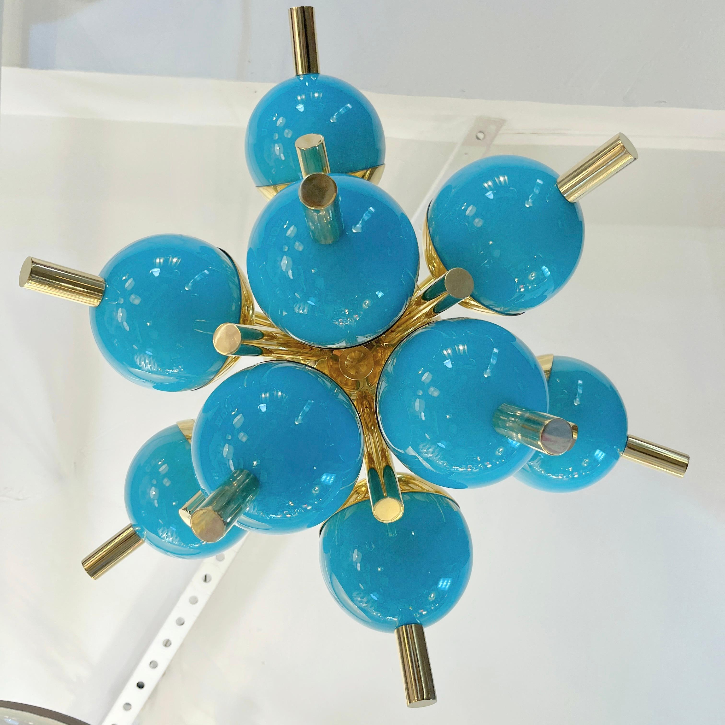 Custom Italian Turquoise Gold Murano Glass Brass Sputnik Globe Flushmount For Sale 3