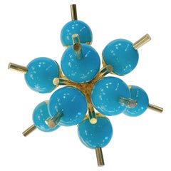 Custom Italian Turquoise Gold Murano Glass Brass Sputnik Globe Flushmount
