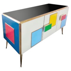 Custom Italian White Black Blue Yellow Geometric Postmodern Cabinet/Sideboard