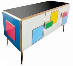 Custom Italian White Black Blue Yellow Geometric Postmodern Cabinet/Sideboard