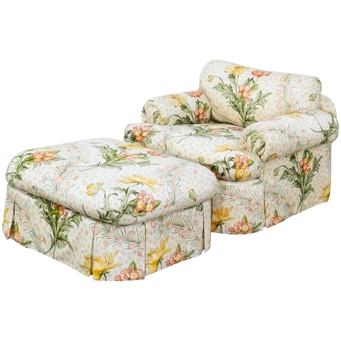 Custom Judith Norman Miami Modern Floral Skirted Armchair Lounge and Ottoman