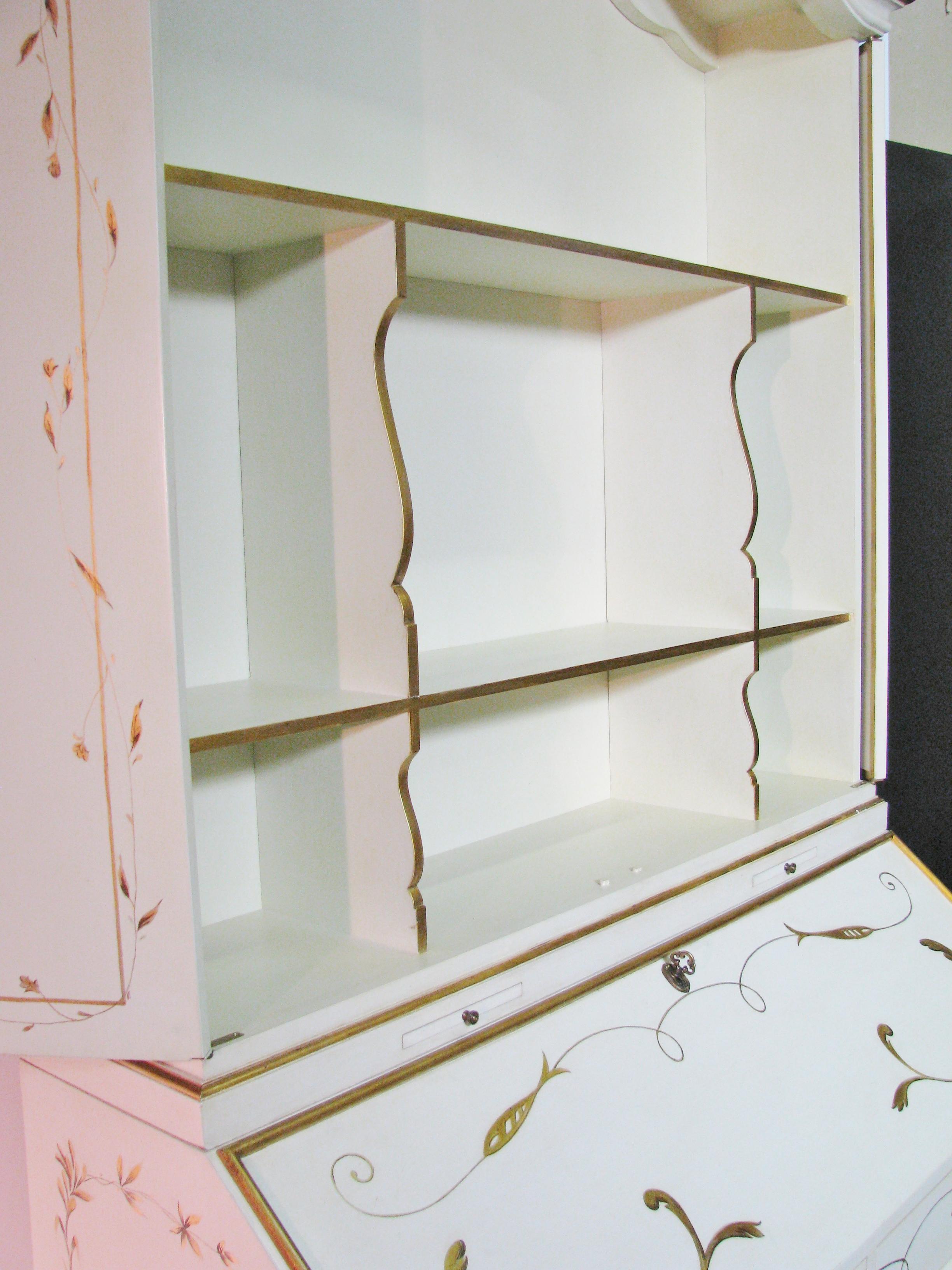 Wood Custom Julia Gray, Ltd. Cream & Gilt Slant Front Secretary Bookcase For Sale