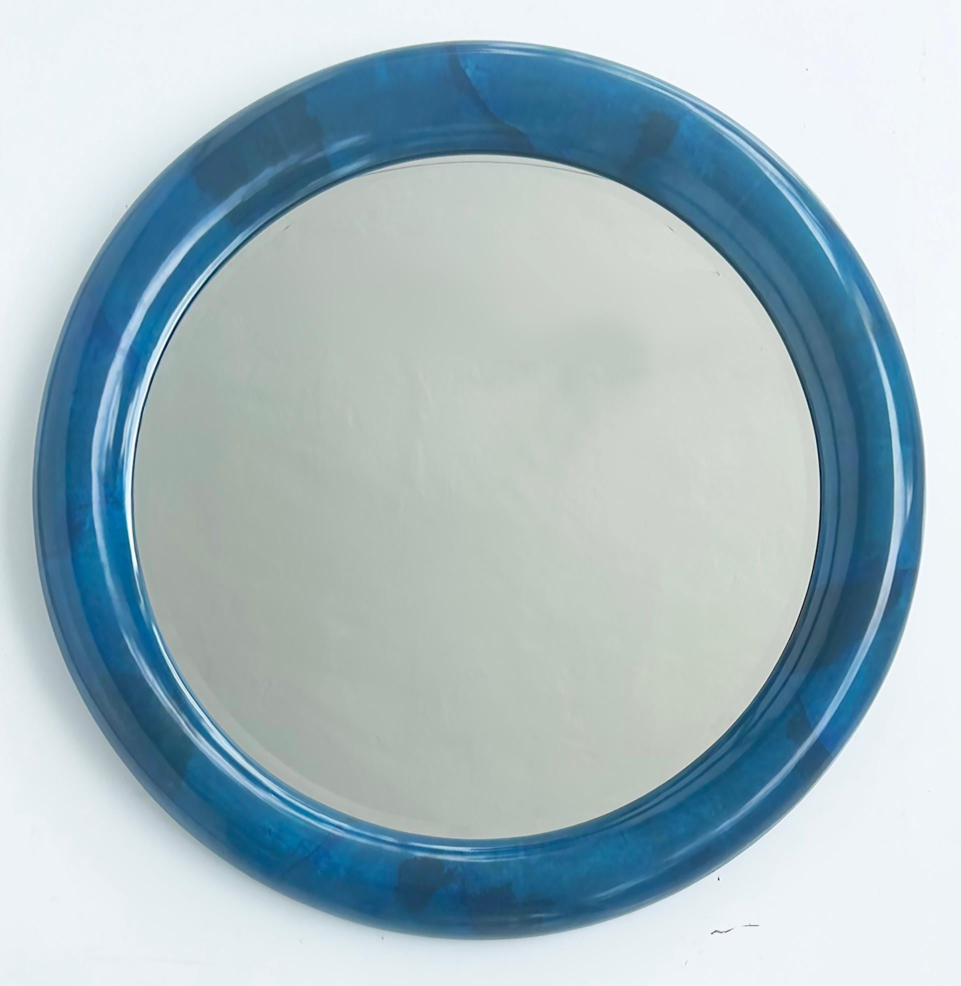 Custom Karl Springer Style Goatskin Covered Beveled Mirror

Offered for sale is a new custom-made round lacquered goatskin-covered mirror that has been created in the Karl Springer style. The mirror itself is beveled and is ready to hang. Custom