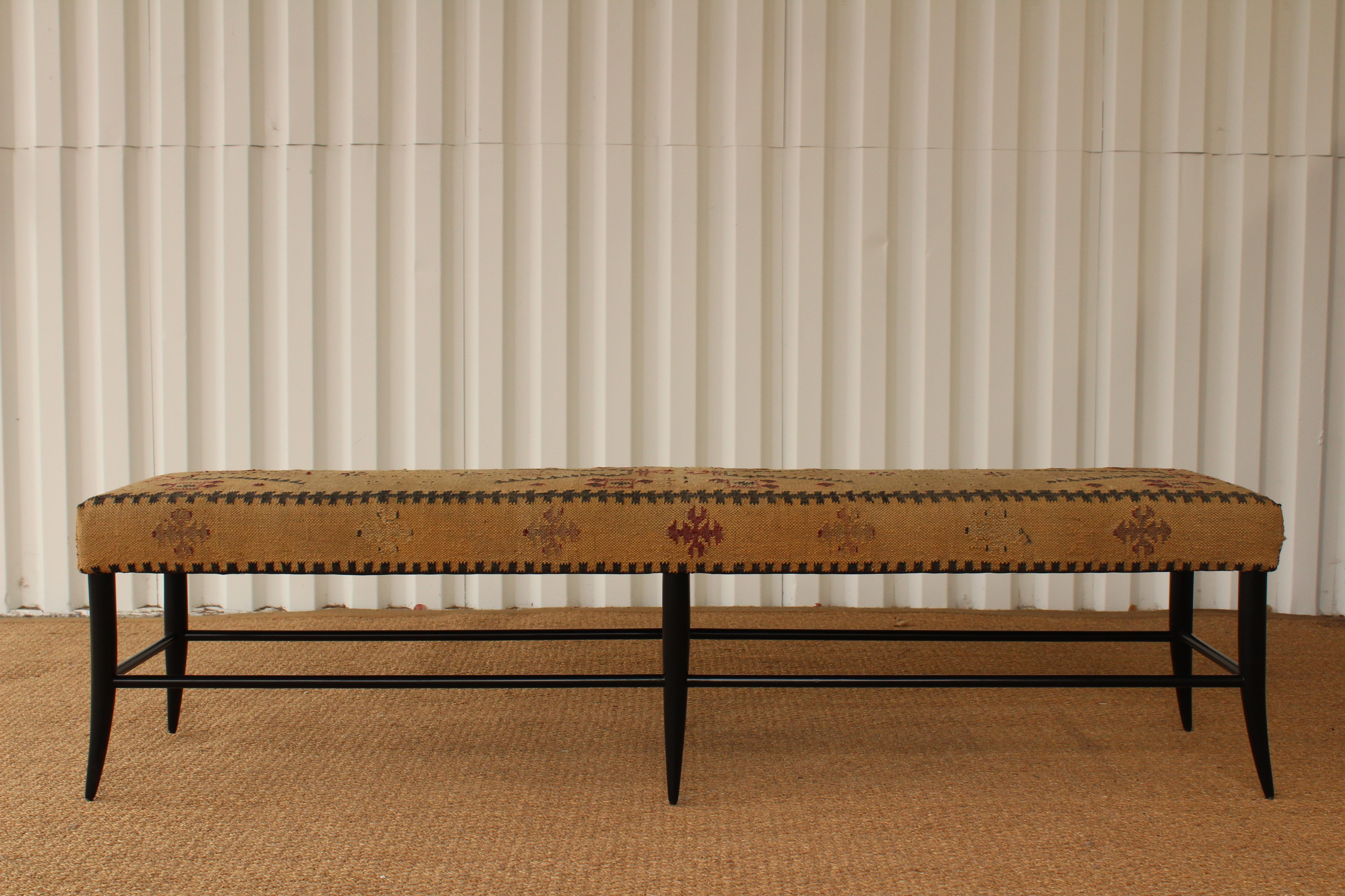 Custom Croft bench with an ebonized wood base and upholstered in a vintage flat-weave Kilim rug.