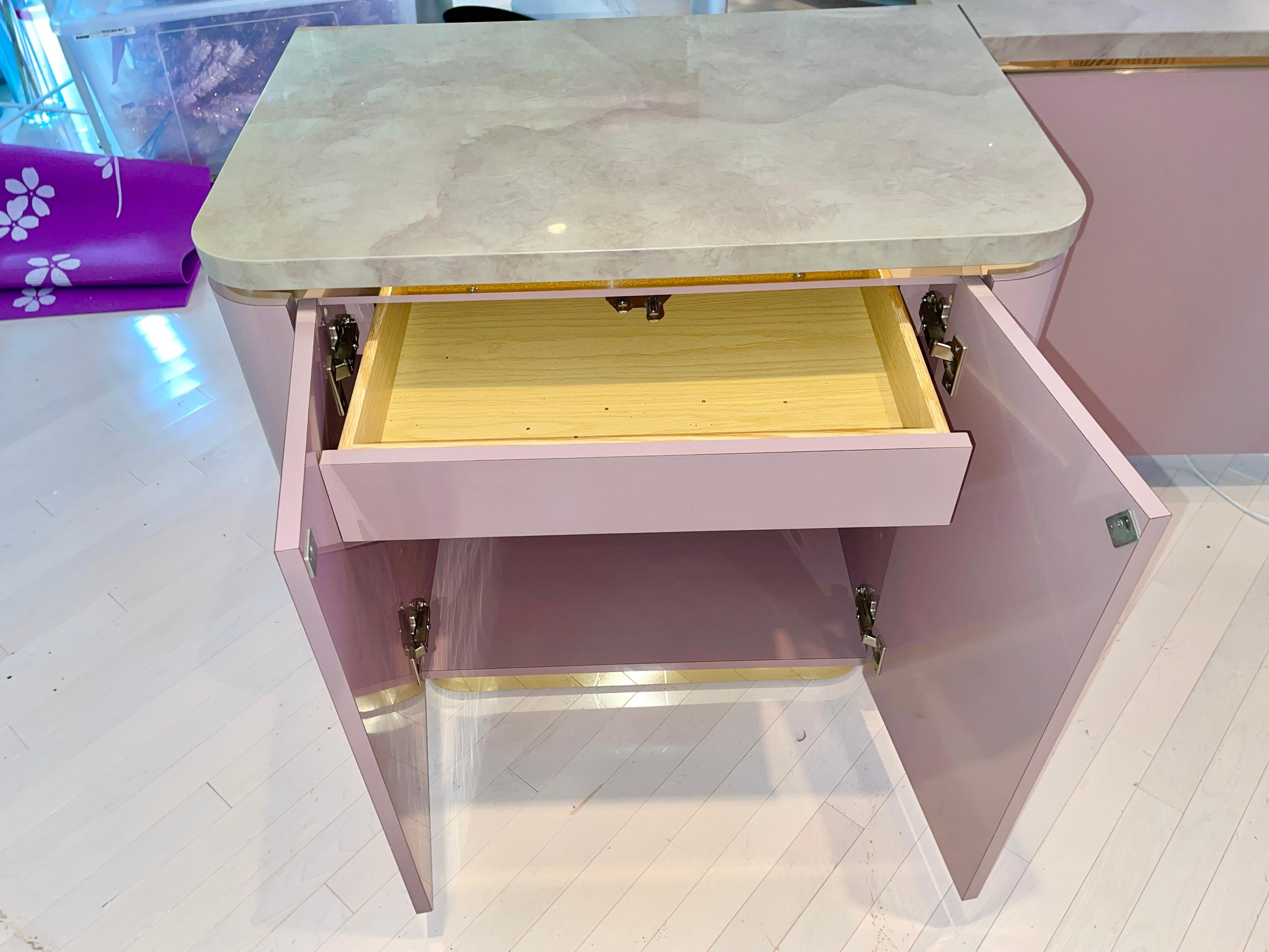 Custom King Headboard Cabinet with Integrated Nightstands Pink/Mauve & Brass 6