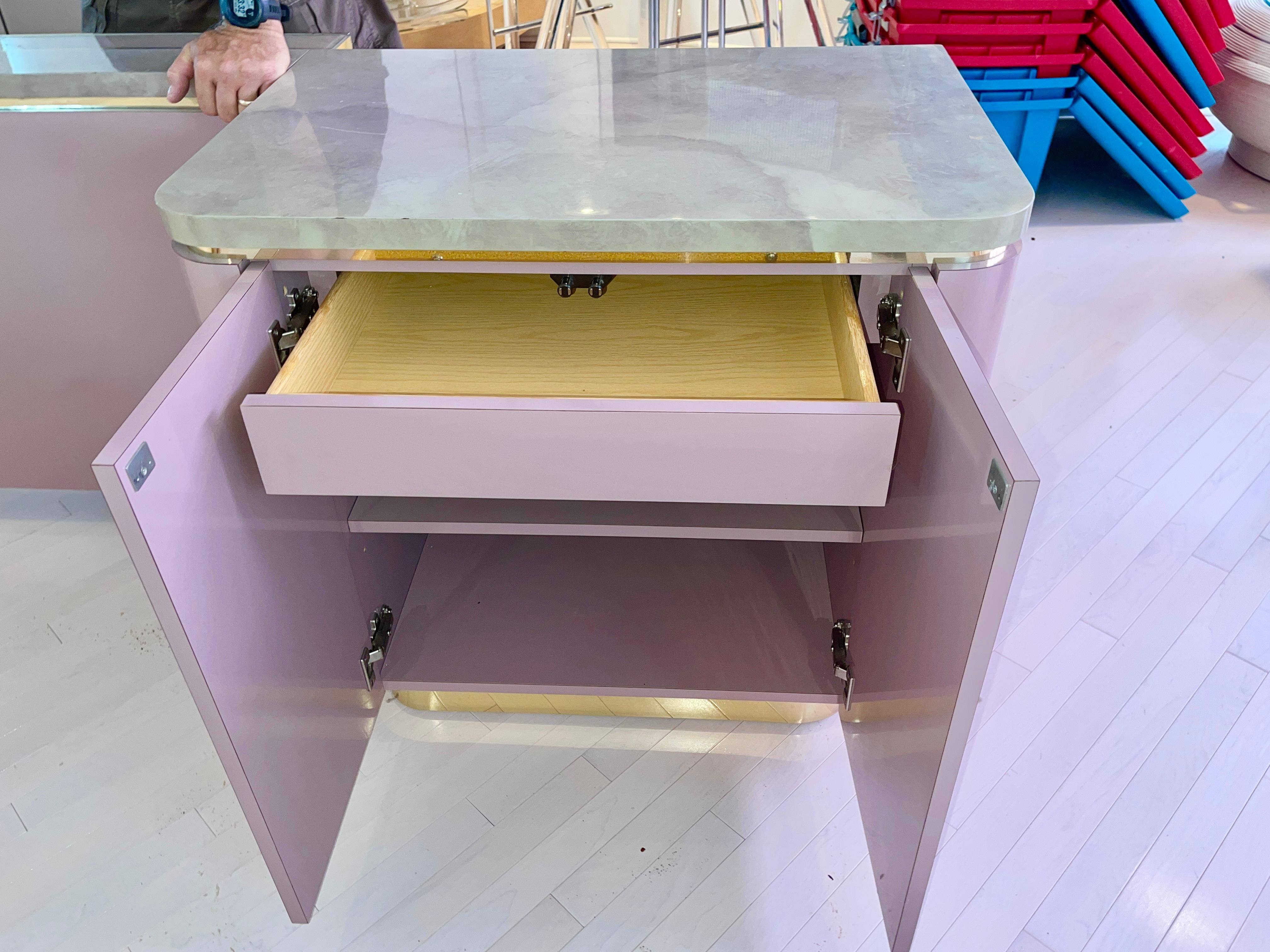 Custom King Headboard Cabinet with Integrated Nightstands Pink/Mauve & Brass 7